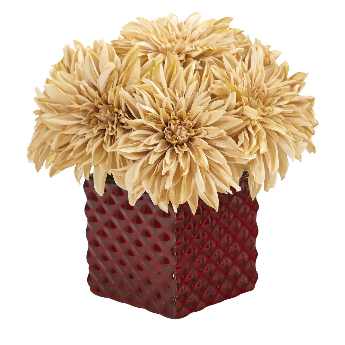 11 Dahlia Artificial Arrangement in Red Ceramic Cube – Cream