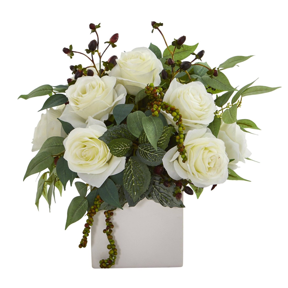 11 Rose and Mixed Greens and Berries Artificial Arrangement – White