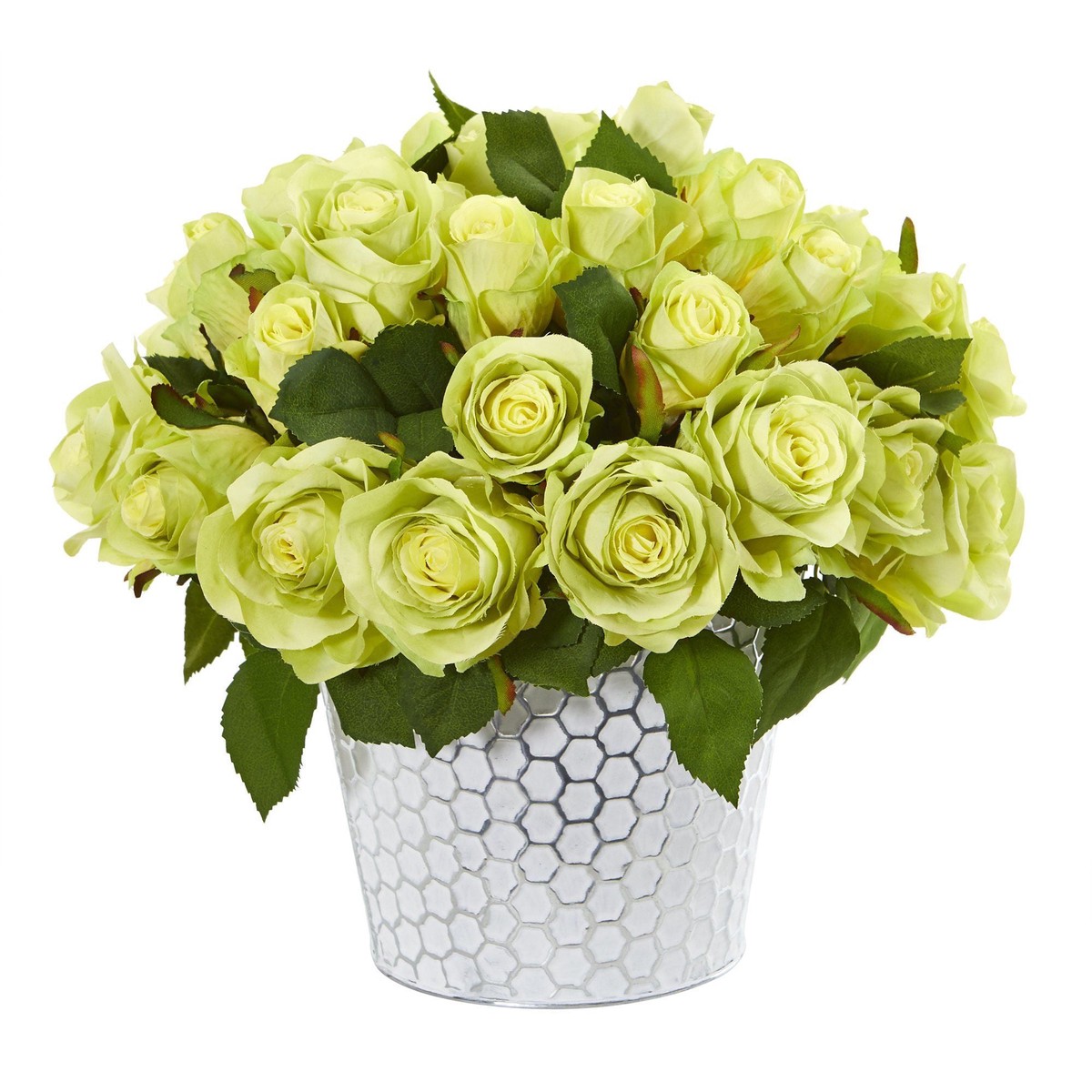 11 Rose Artificial Arrangement in Embossed White Planter – Green
