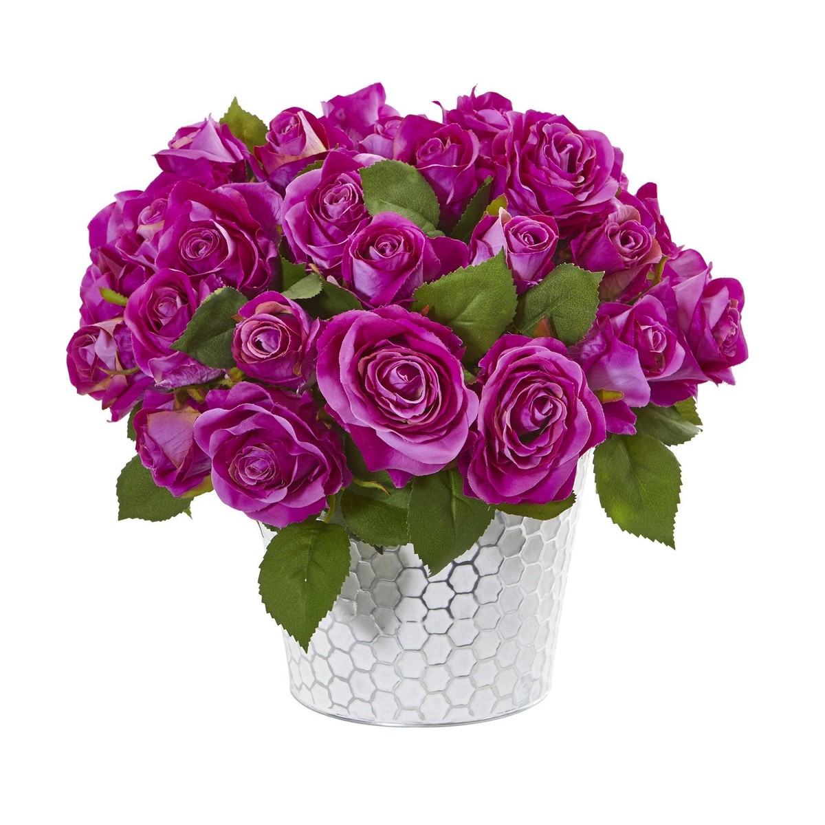 11 Rose Artificial Arrangement in Embossed White Planter – Purple