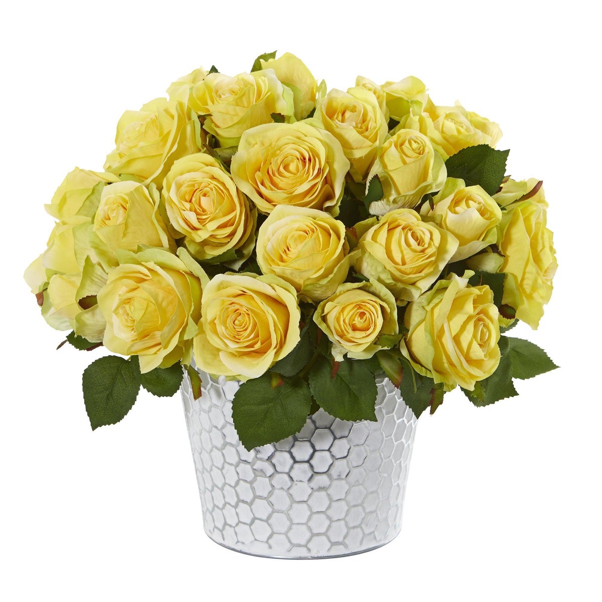 11 Rose Artificial Arrangement in Embossed White Planter – Yellow