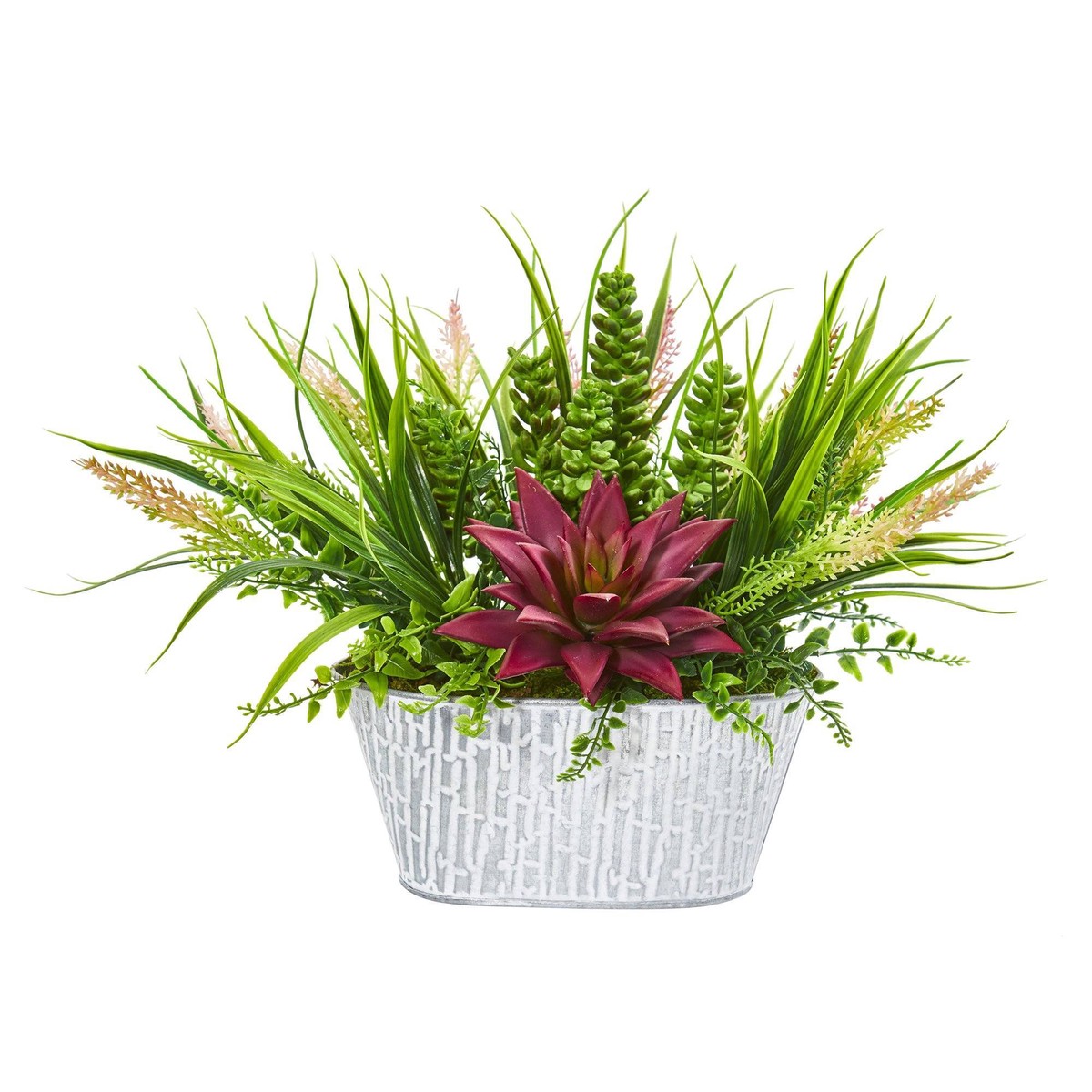 10 Succulent and Grass Artificial Plant in White Tin Planter