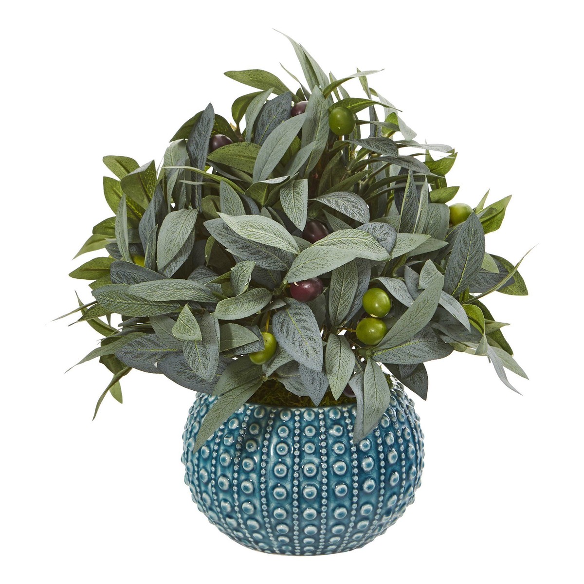 11 Olive Branch Artificial Plant with Berries in Blue Planter
