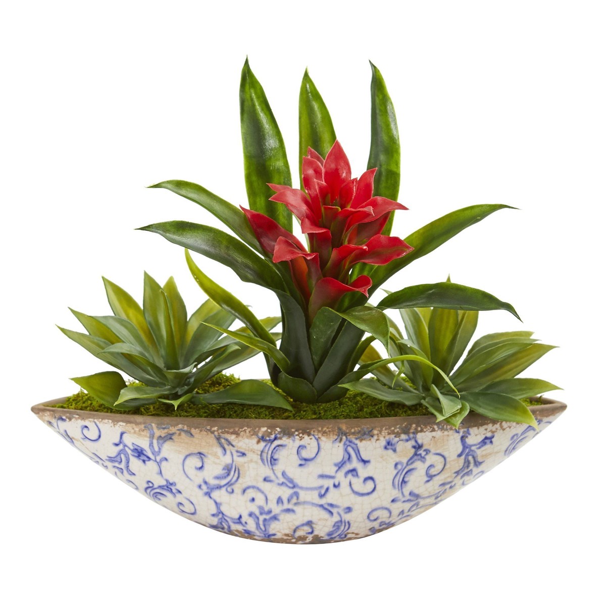 11″ Bromeliad and Agave Artificial Plant in Floral Planter” – Red