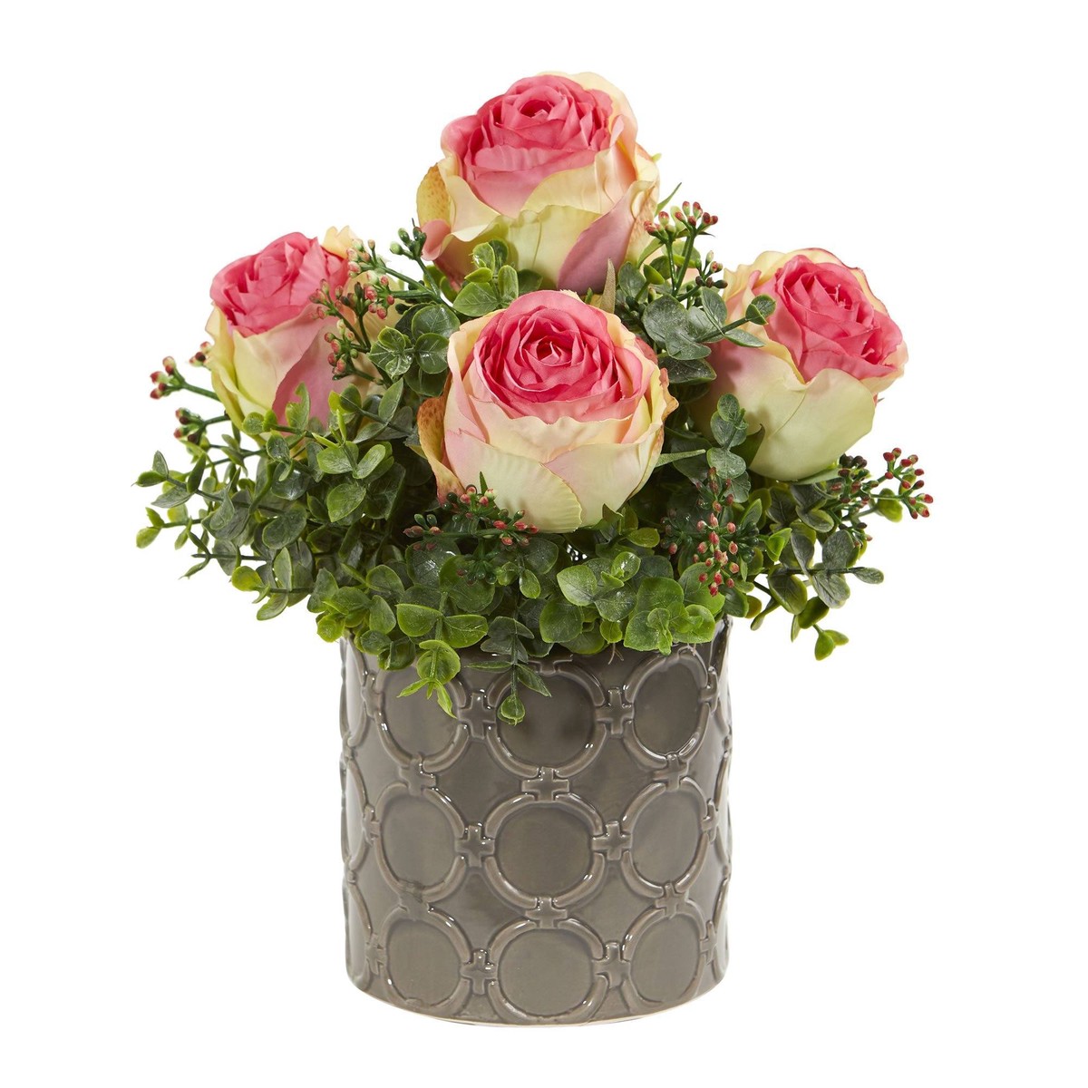 11 Roses and Eucalyptus Artificial Arrangement in Designer Vase – Fucshia