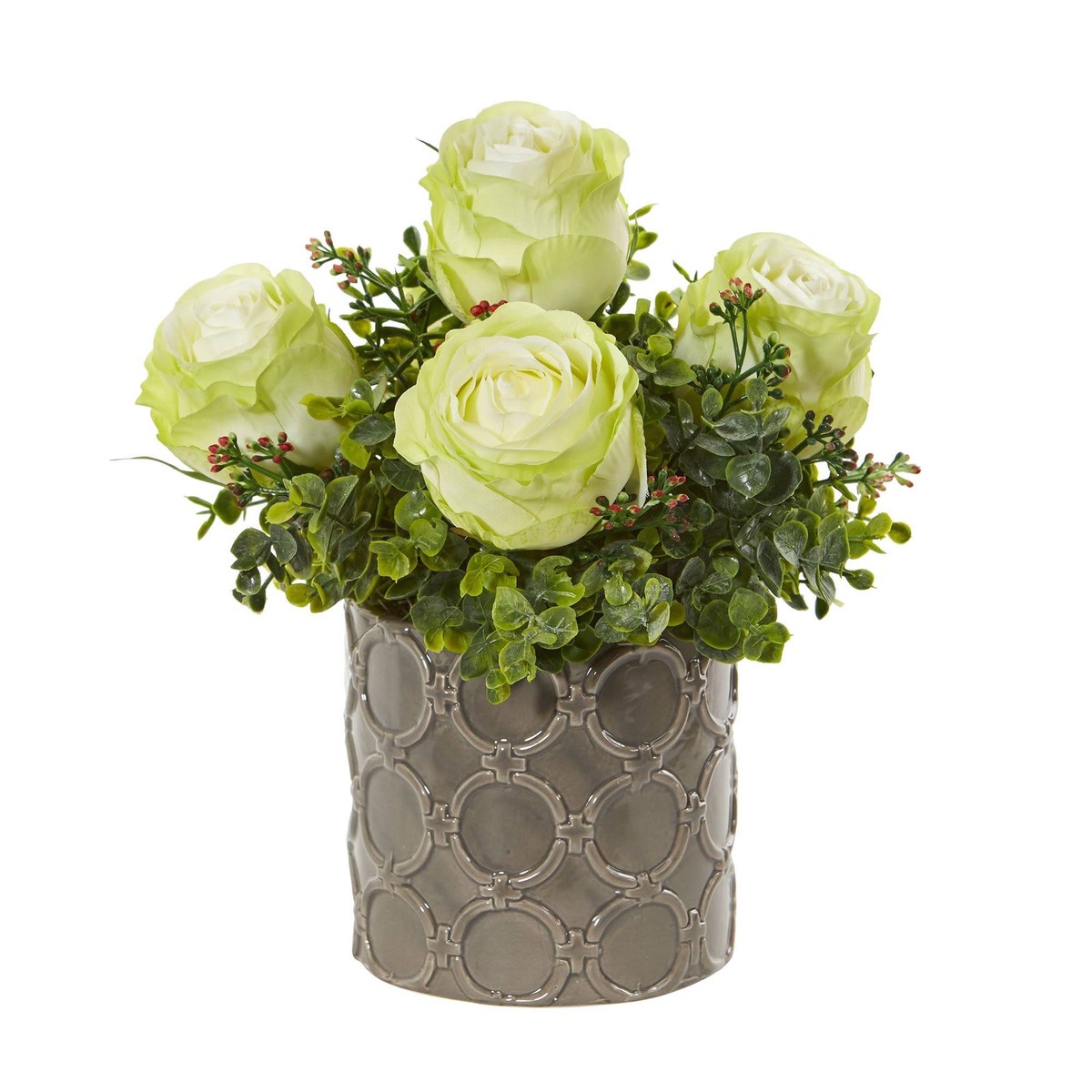 11 Roses and Eucalyptus Artificial Arrangement in Designer Vase – Green