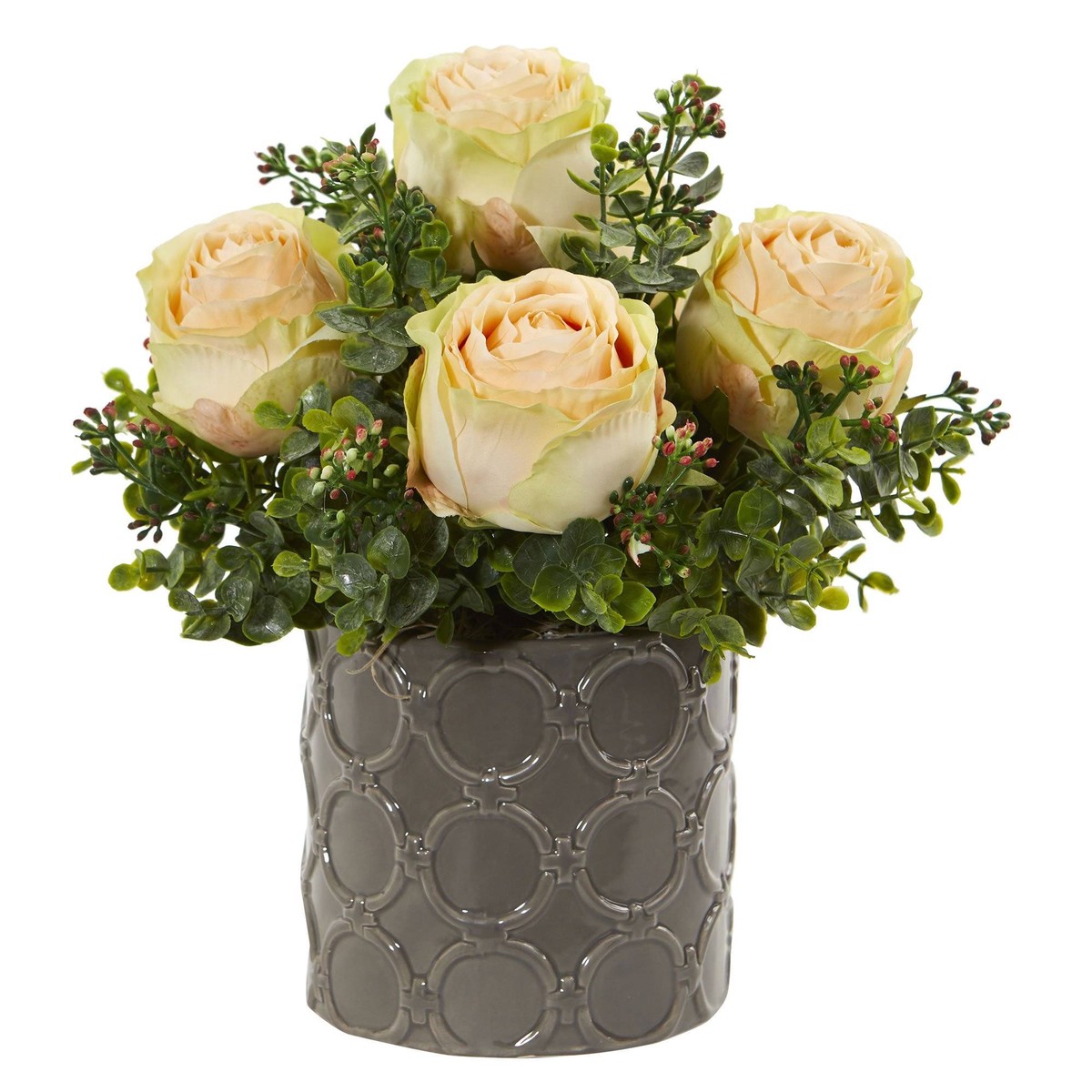 11 Roses and Eucalyptus Artificial Arrangement in Designer Vase – Peach