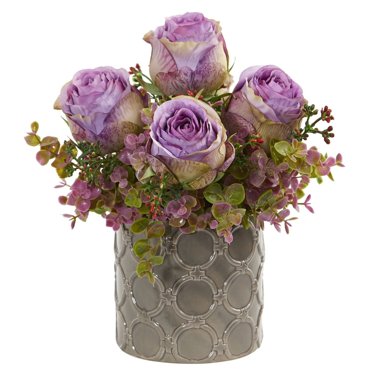 11 Roses and Eucalyptus Artificial Arrangement in Designer Vase – Purple