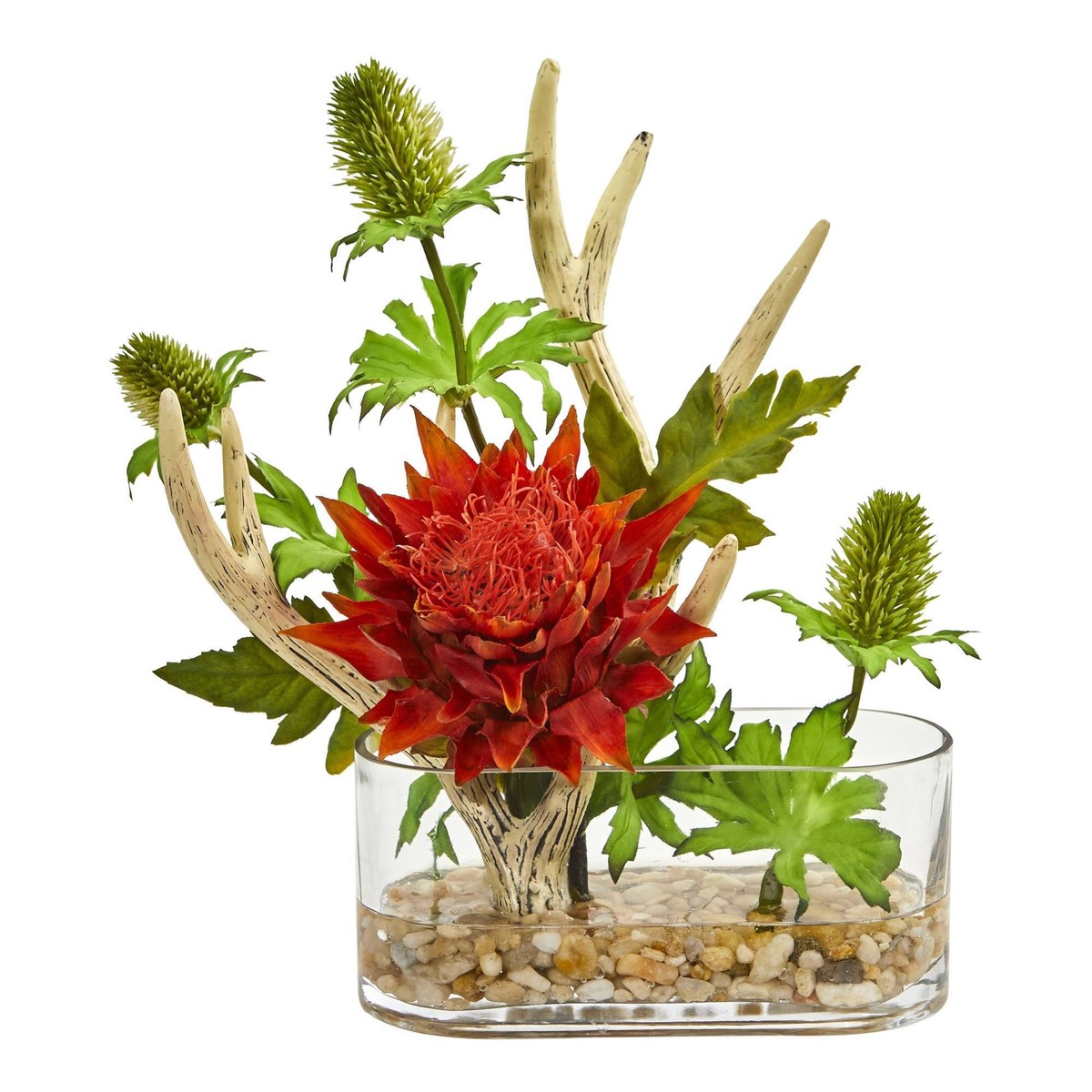 Tropical Flower and Antlers Artificial Arrangement – Orange Red