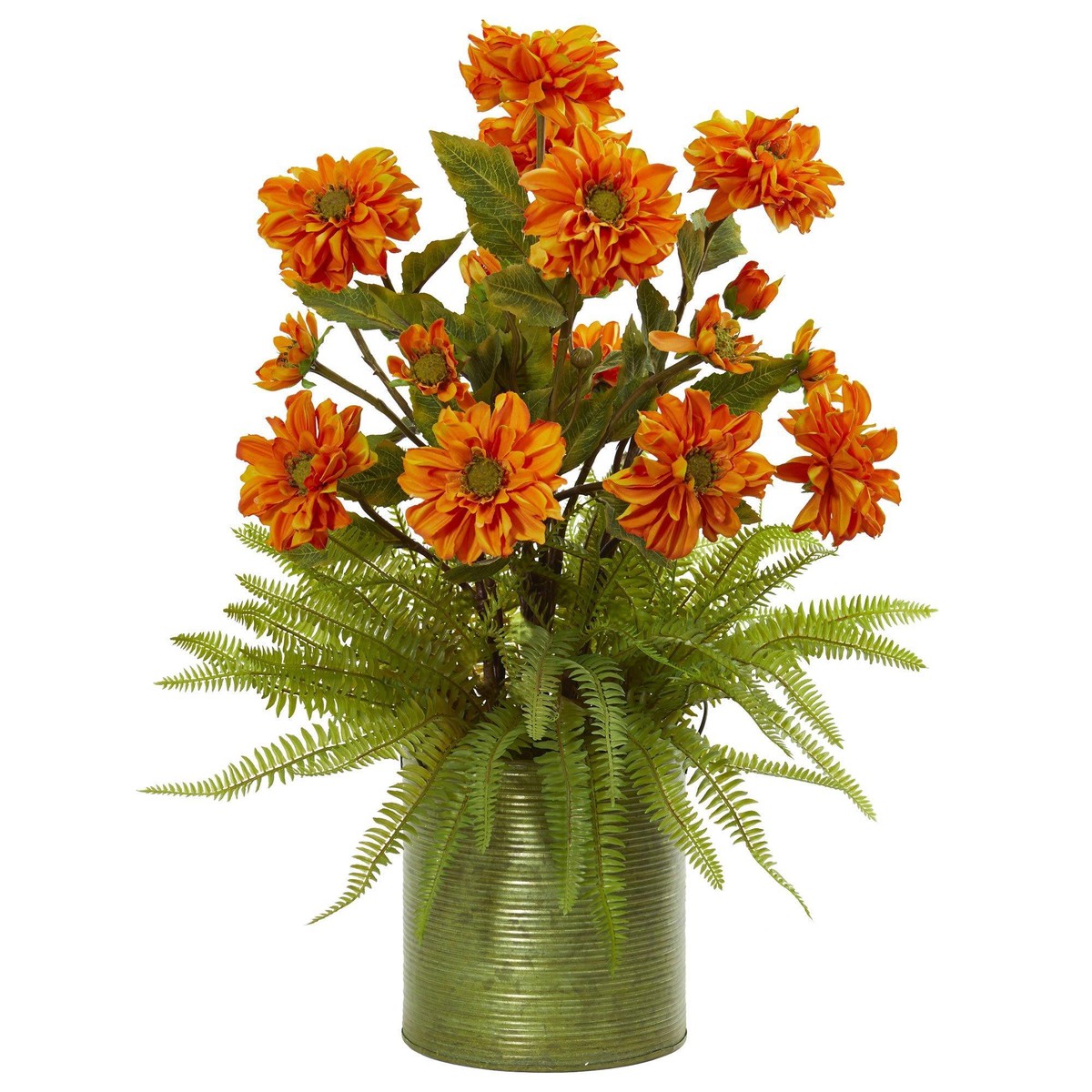 Zinnia and Fern Artificial Arrangement in Metal Planter – Orange