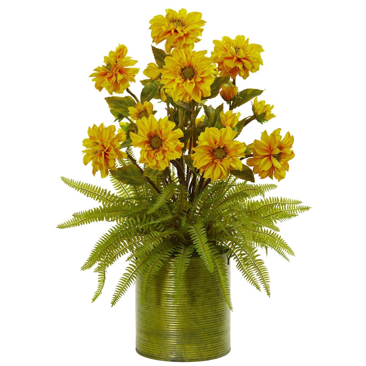 Zinnia and Fern Artificial Arrangement in Metal Planter – Yellow