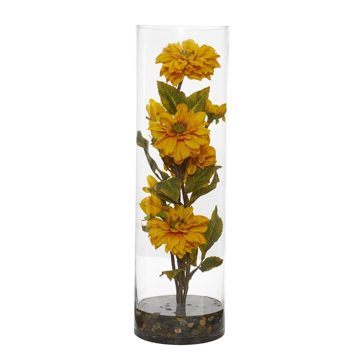 Zinnia Artificial Arrangement in Cylinder Vase – Yellow