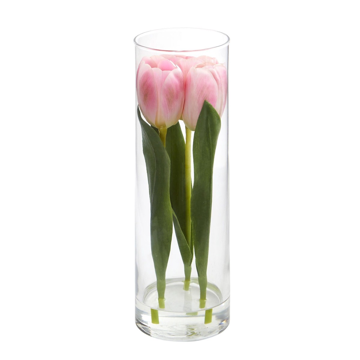 10″ Artificial Tulips Arrangement in Glass Vase” – Pink