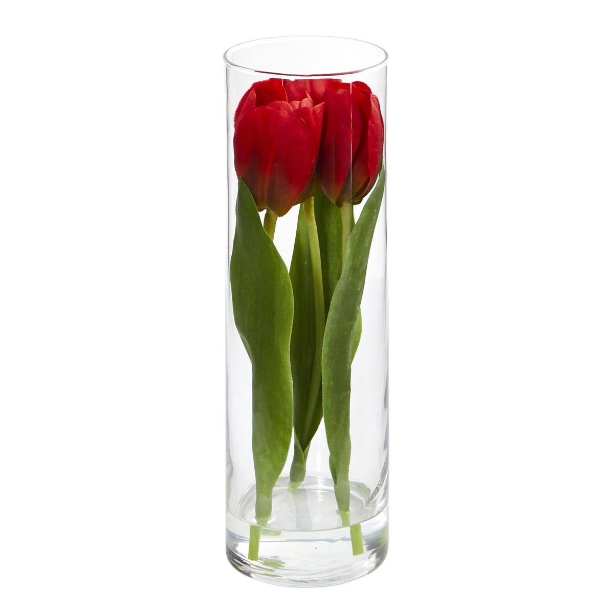 10″ Artificial Tulips Arrangement in Glass Vase” – Red