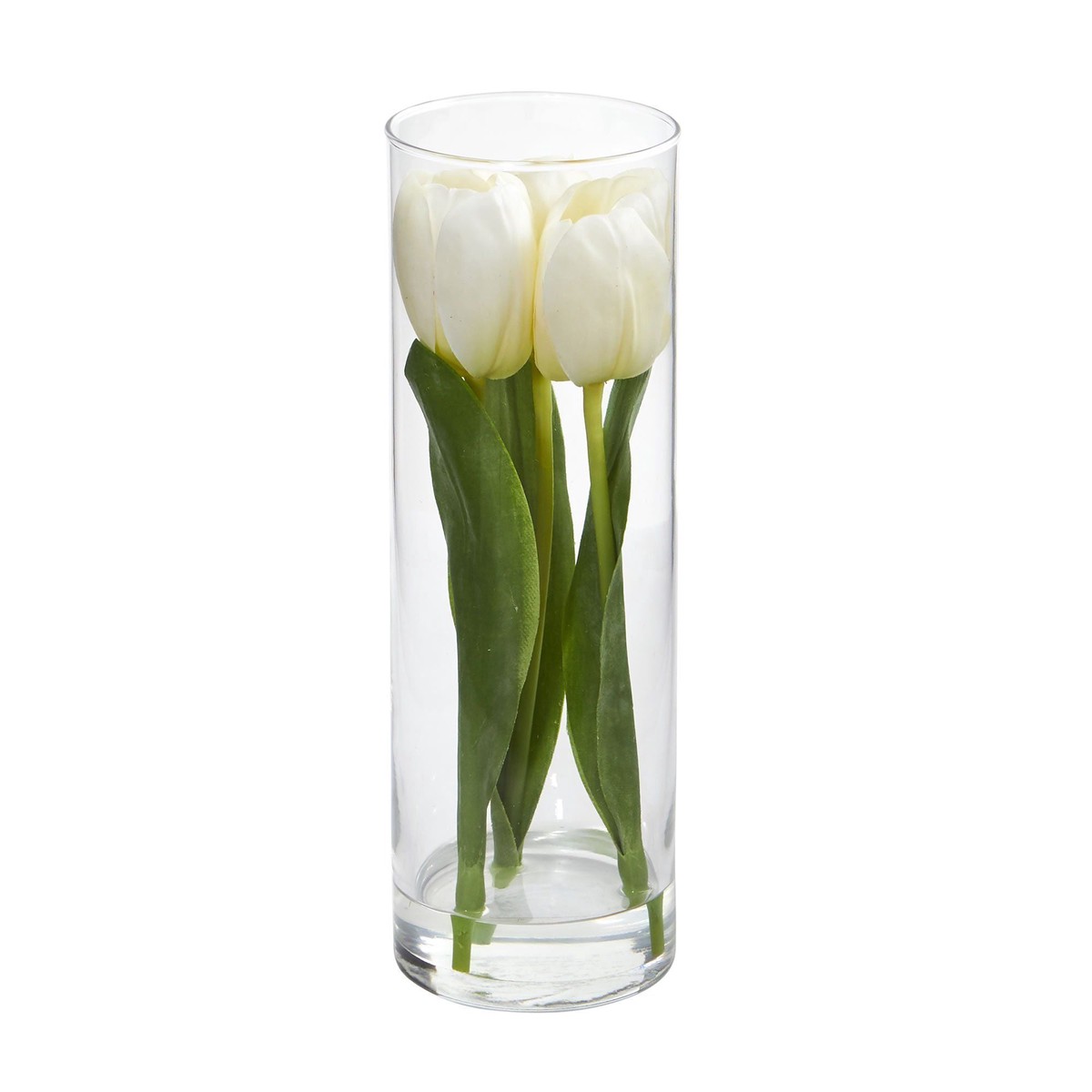 10″ Artificial Tulips Arrangement in Glass Vase” – White