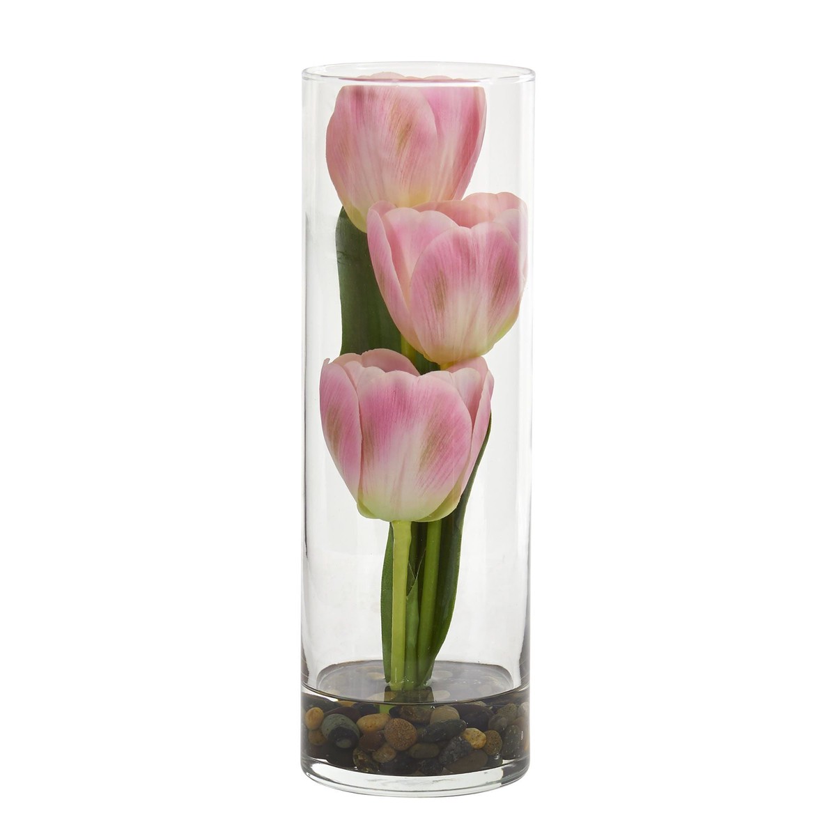 10 Tulips Artificial Arrangement in Cylinder Vase – Pink