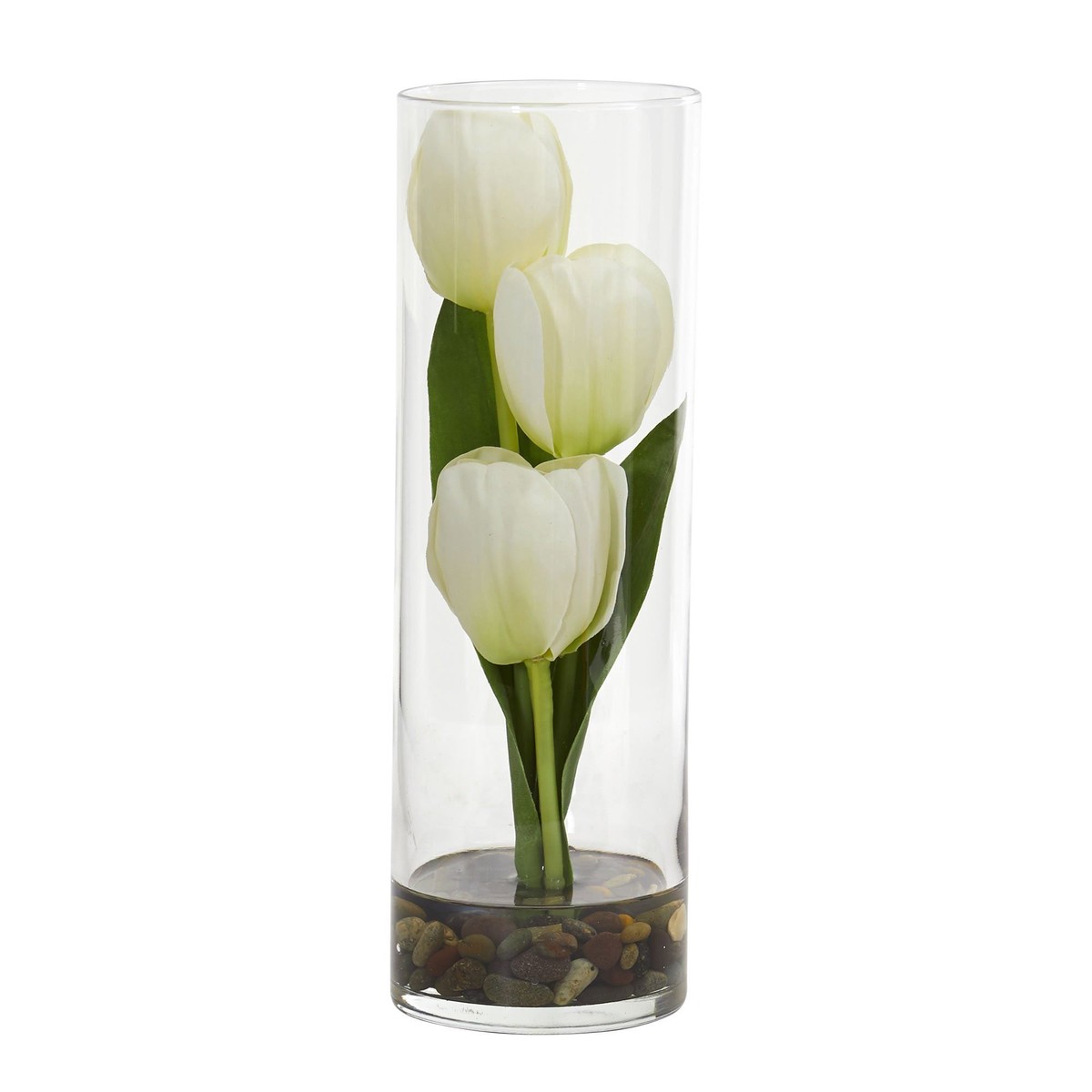 10 Tulips Artificial Arrangement in Cylinder Vase – White