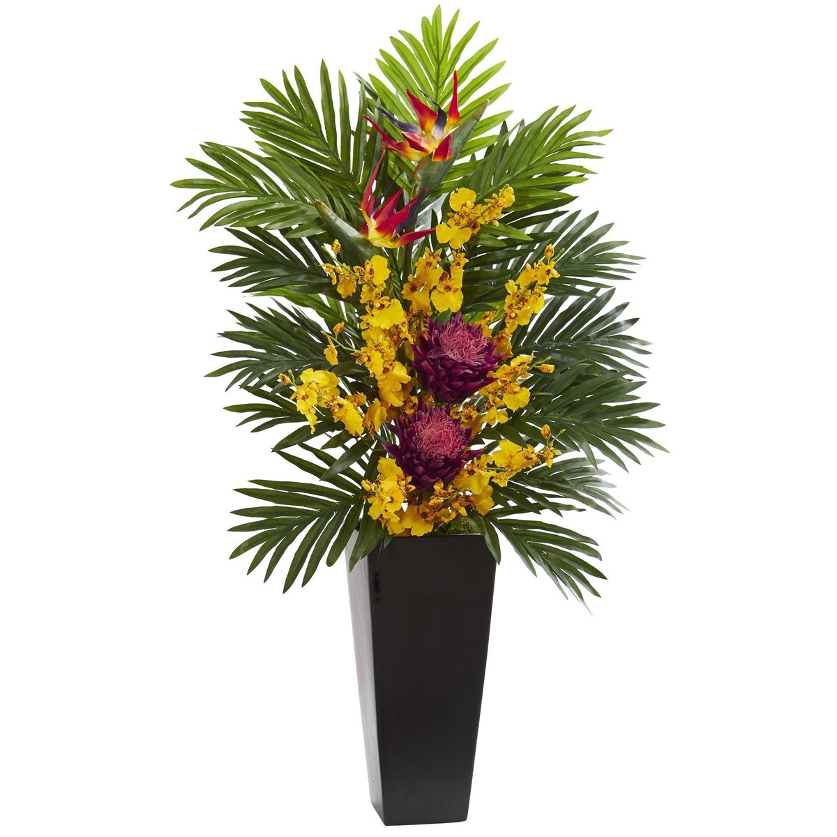 Tropical Floral & Orchid Artificial Arrangement in Black Vase – Mauve