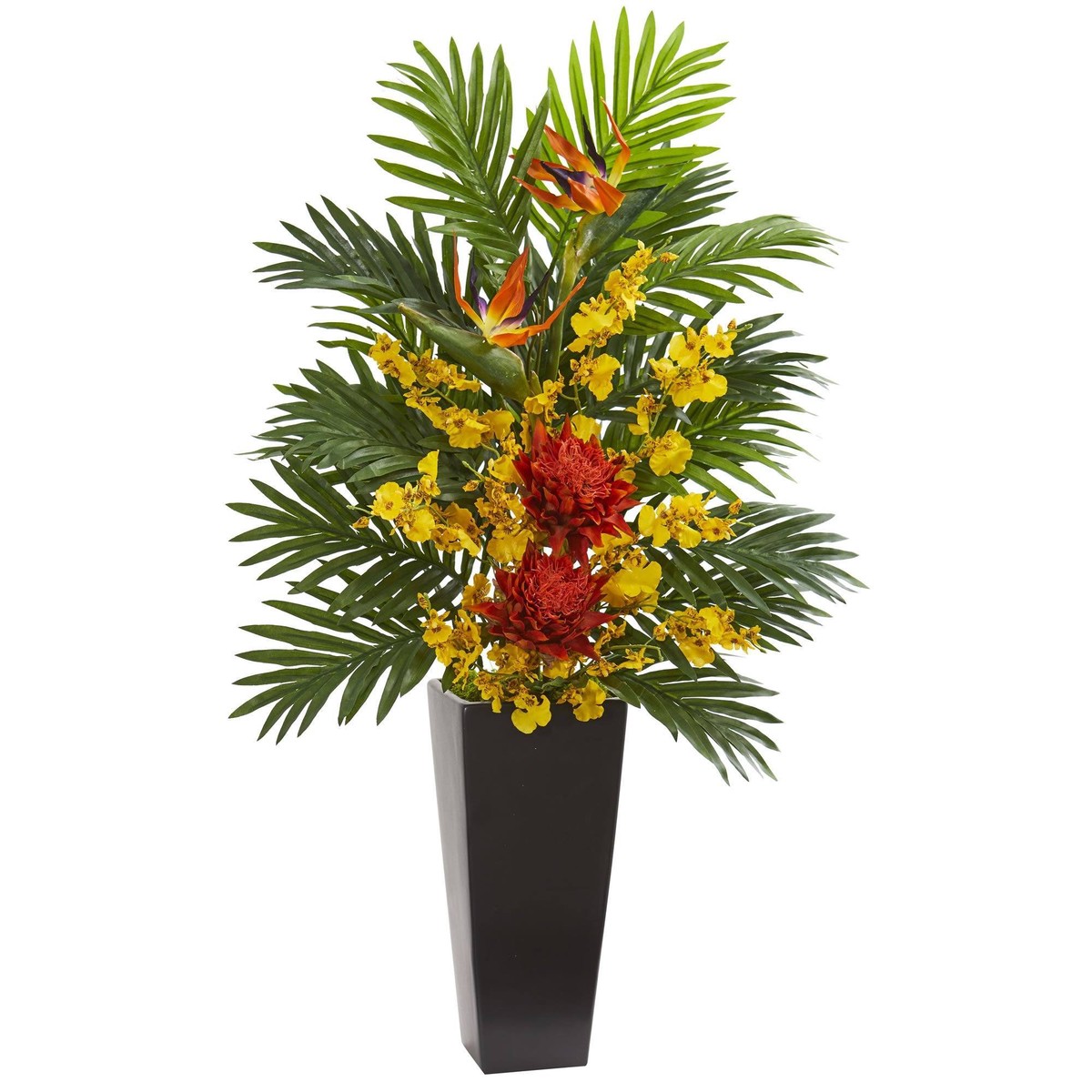 Tropical Floral & Orchid Artificial Arrangement in Black Vase – Orange