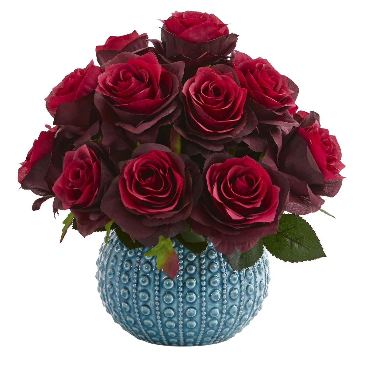 11.5 Rose Artificial Arrangement in Blue Ceramic Vase – Burgundy