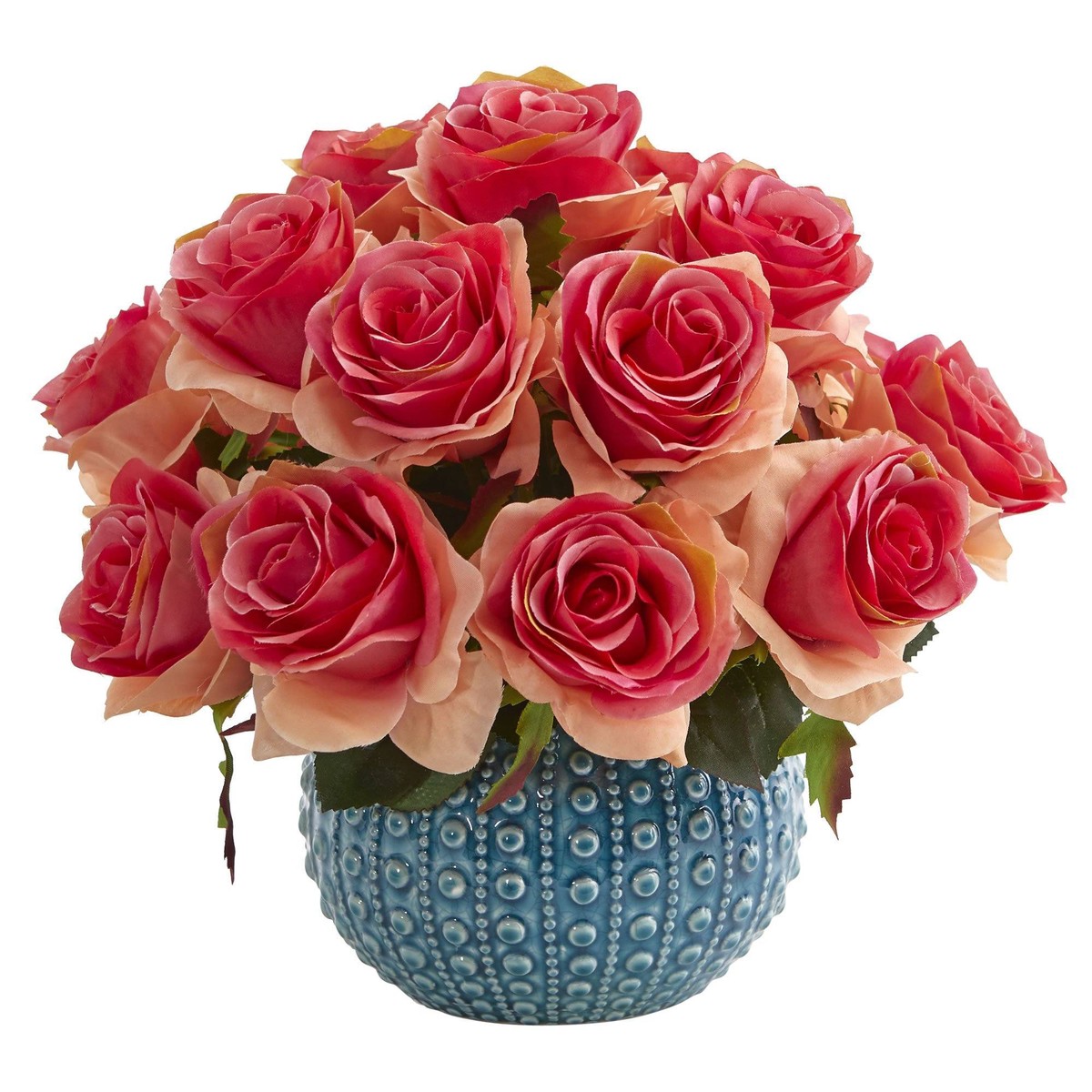 11.5 Rose Artificial Arrangement in Blue Ceramic Vase – Dark Pink