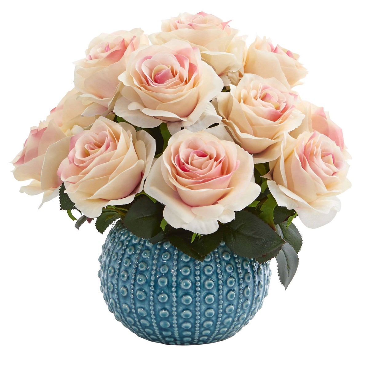 11.5 Rose Artificial Arrangement in Blue Ceramic Vase – Light-Pink