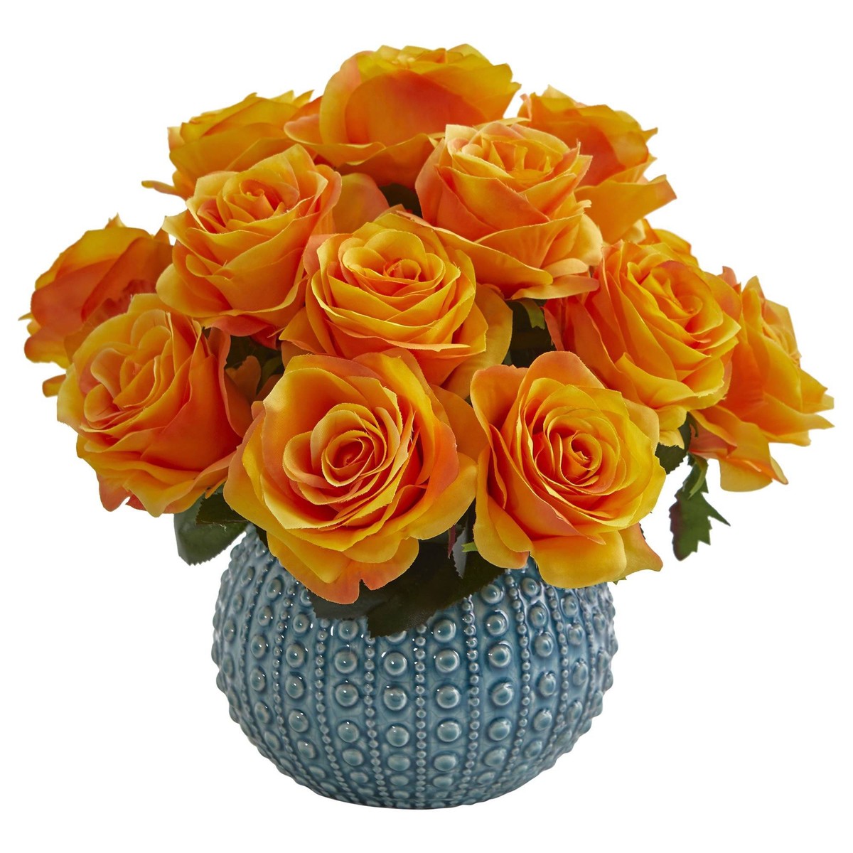 11.5 Rose Artificial Arrangement in Blue Ceramic Vase – Orange Yellow