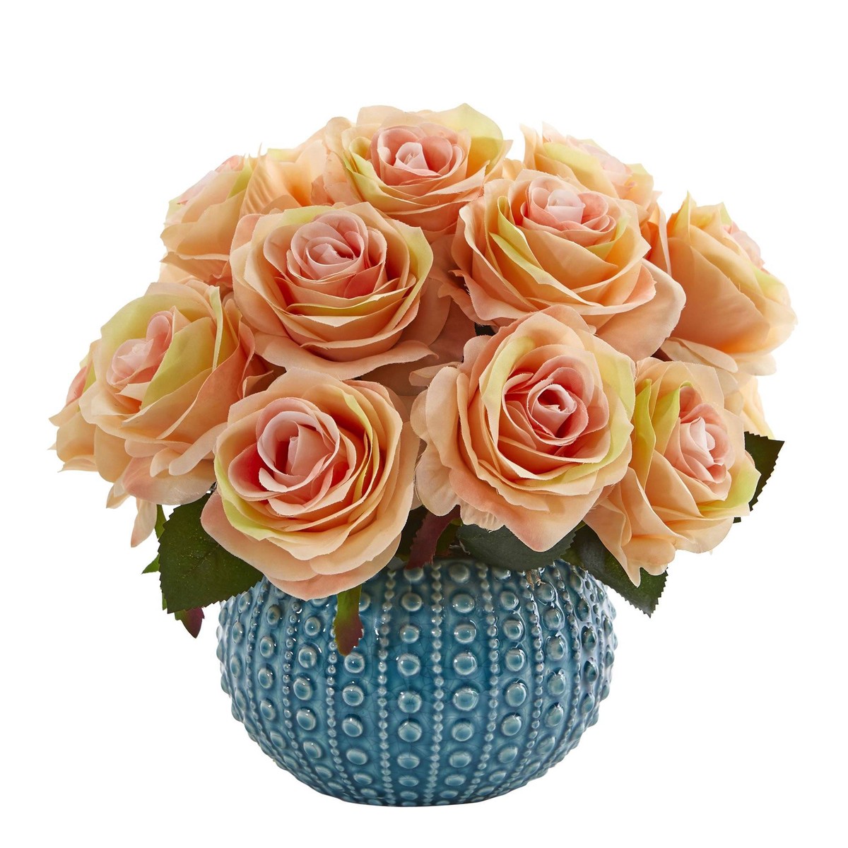 11.5 Rose Artificial Arrangement in Blue Ceramic Vase – Peach