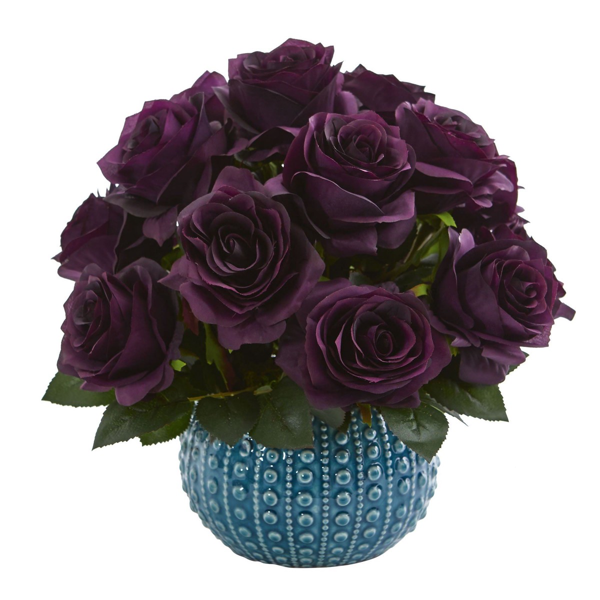 11.5 Rose Artificial Arrangement in Blue Ceramic Vase – Purple Elegance