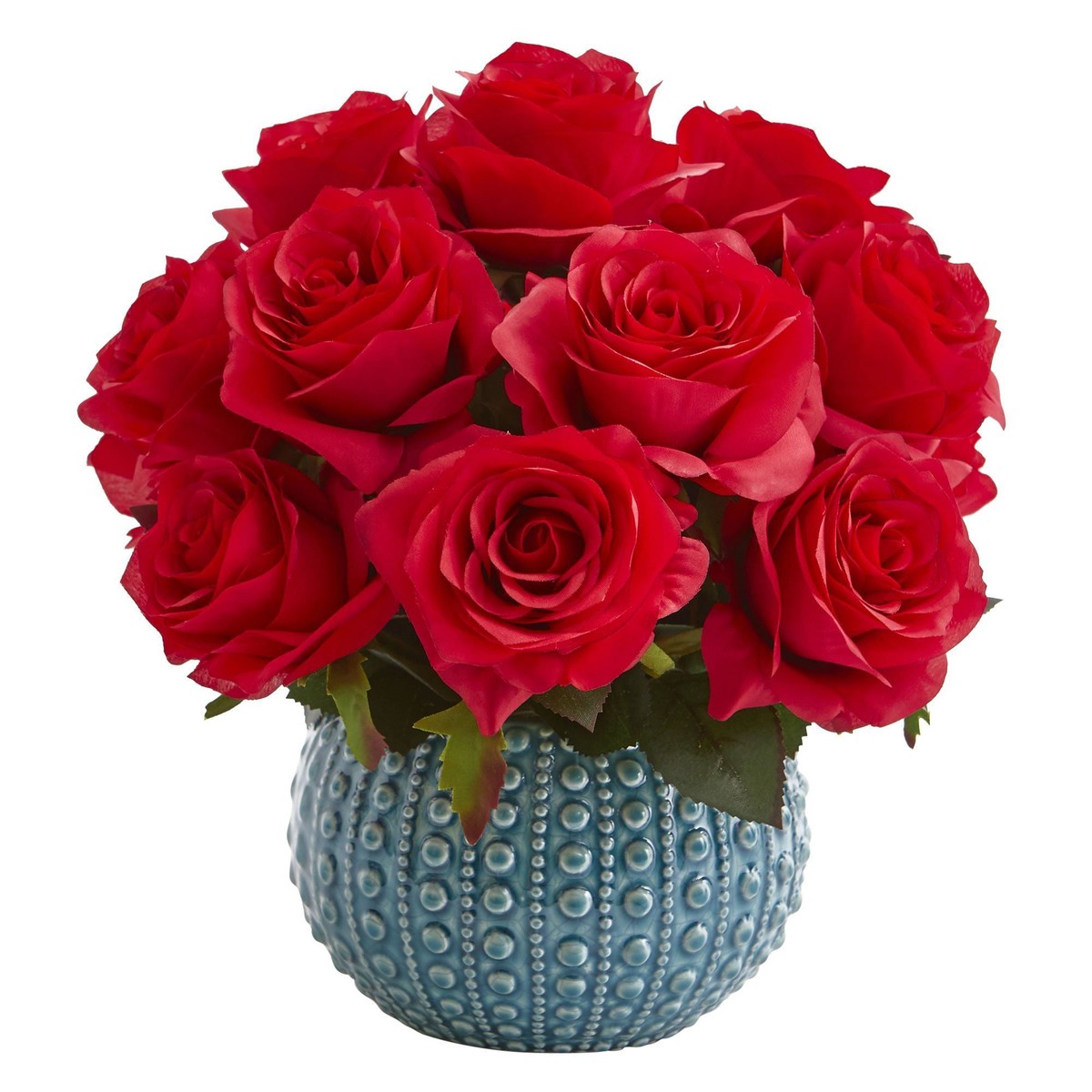11.5 Rose Artificial Arrangement in Blue Ceramic Vase – Red