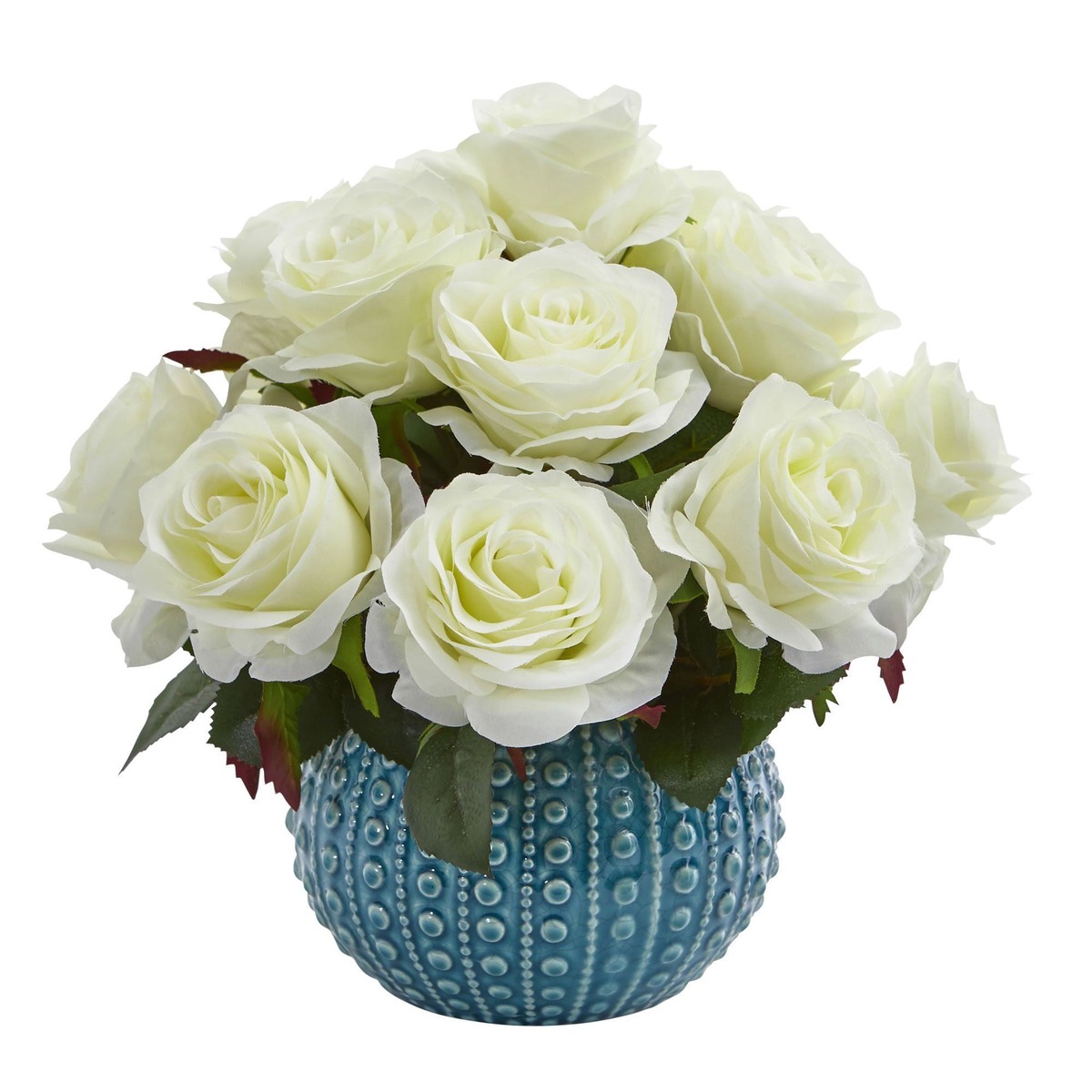 11.5 Rose Artificial Arrangement in Blue Ceramic Vase – White