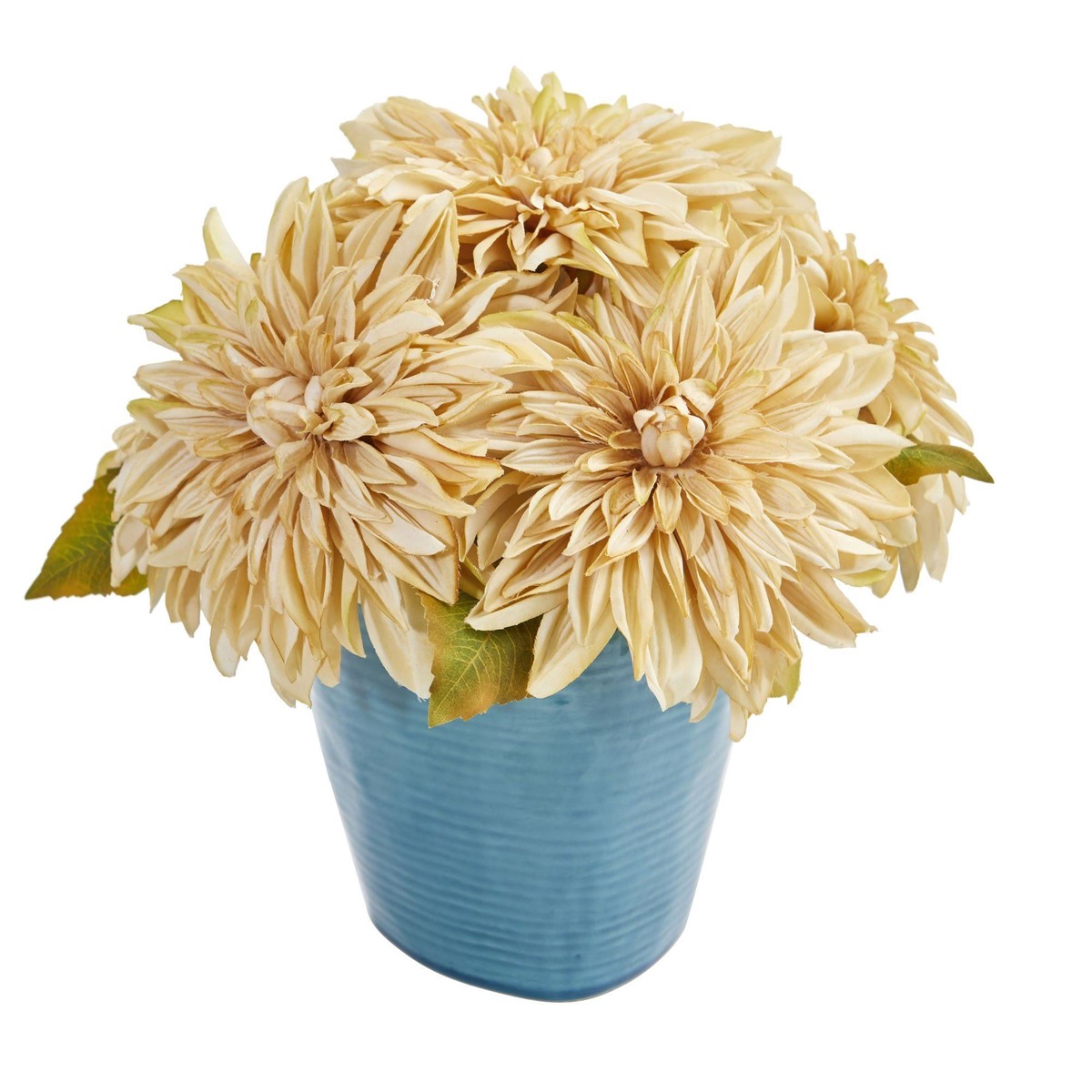 11 Dahlia Artificial Arrangement in Blue Ceramic Vase – Cream