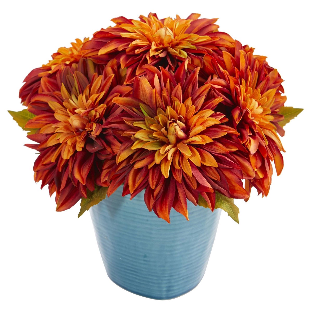 11 Dahlia Artificial Arrangement in Blue Ceramic Vase – Orange