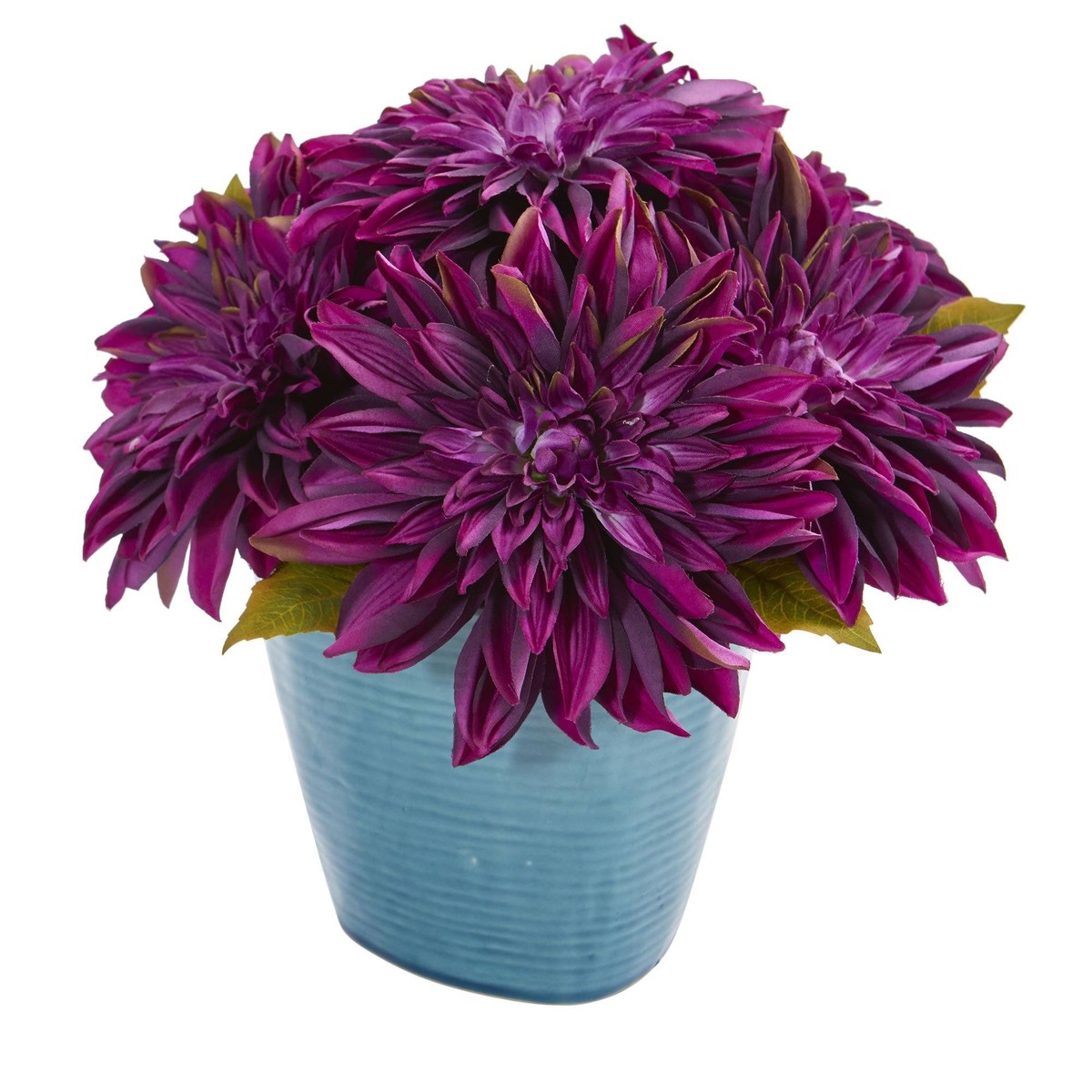 11 Dahlia Artificial Arrangement in Blue Ceramic Vase – Purple