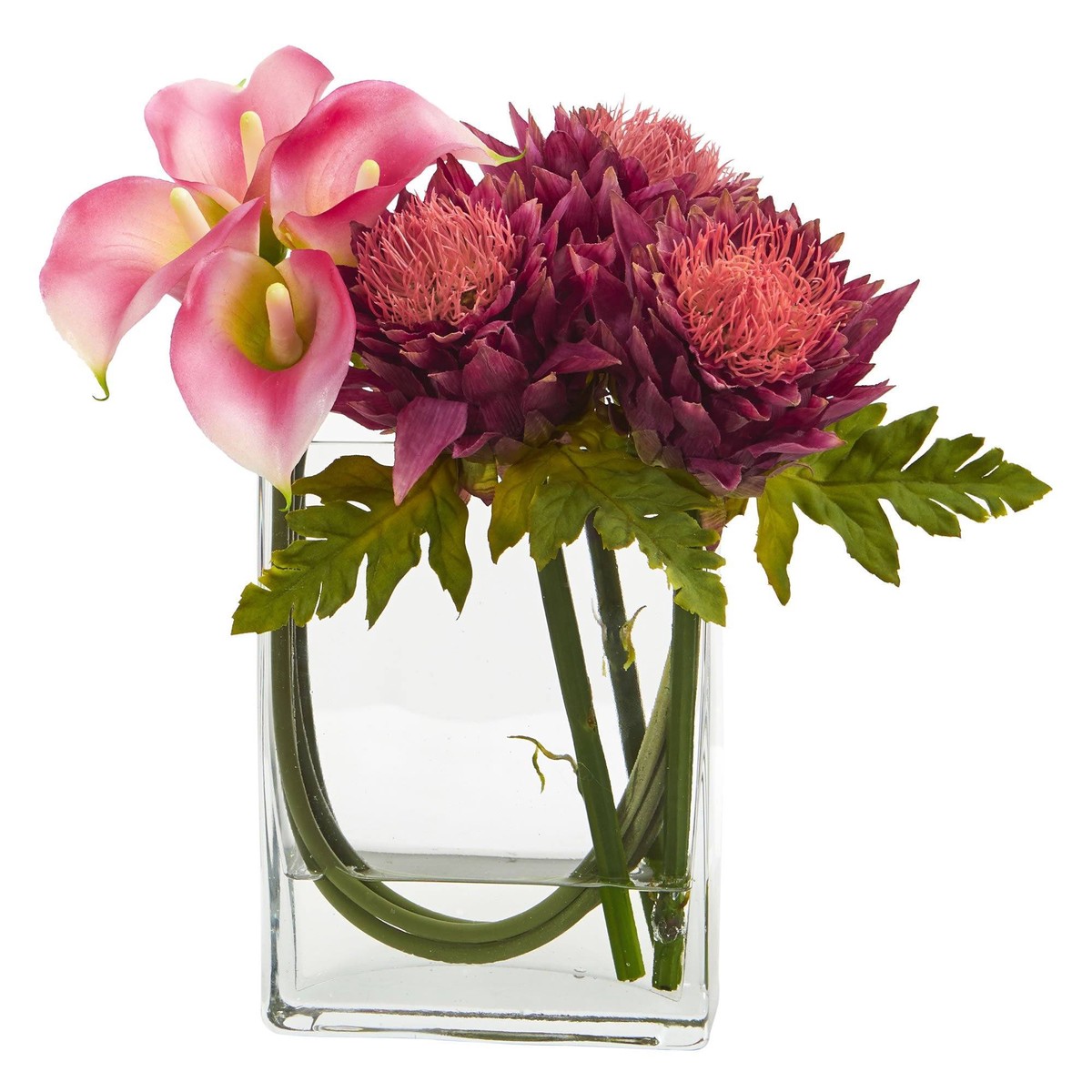 12 Calla Lily and Artichoke in Rectangular Glass Vase Artificial Arrangement – Pink Mauve