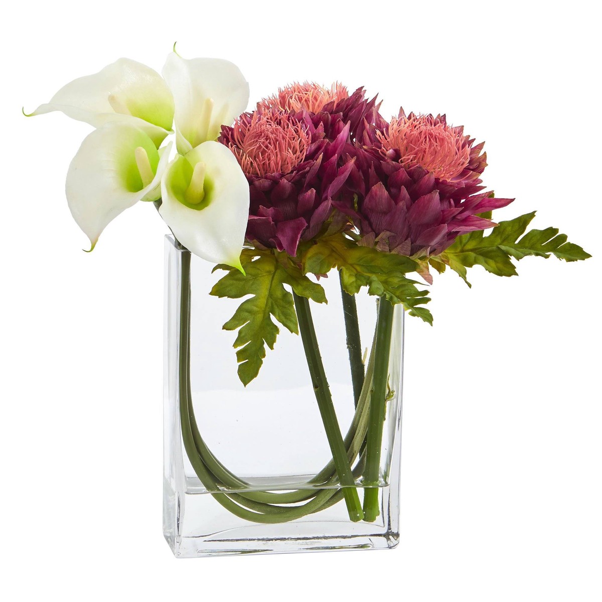 12 Calla Lily and Artichoke in Rectangular Glass Vase Artificial Arrangement – White Mauve