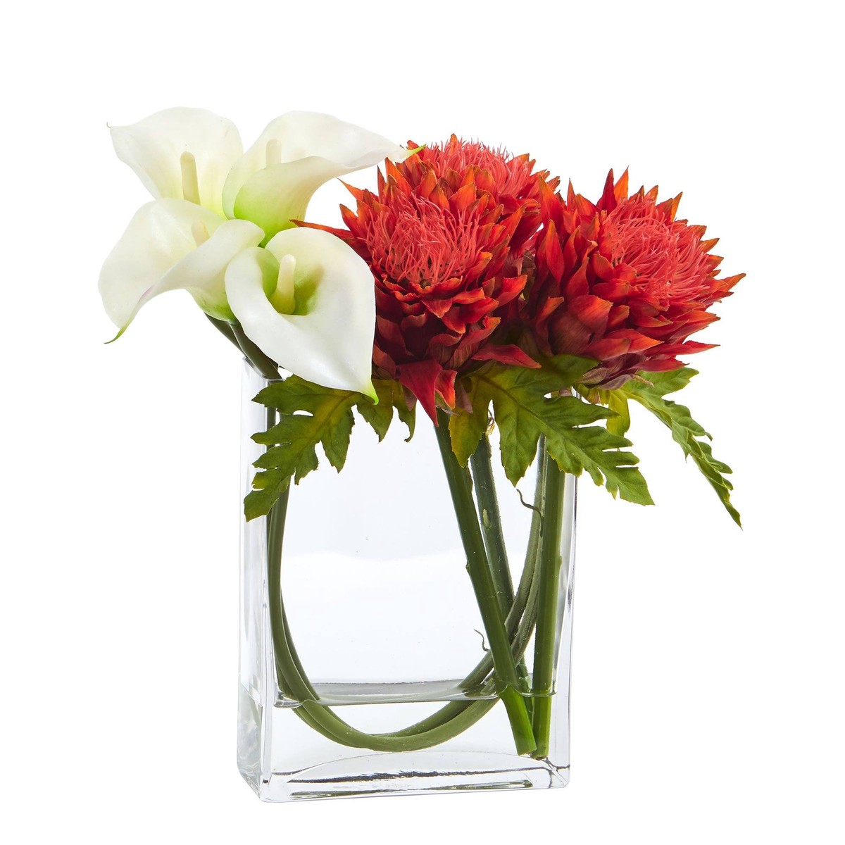 12 Calla Lily and Artichoke in Rectangular Glass Vase Artificial Arrangement – White Orange