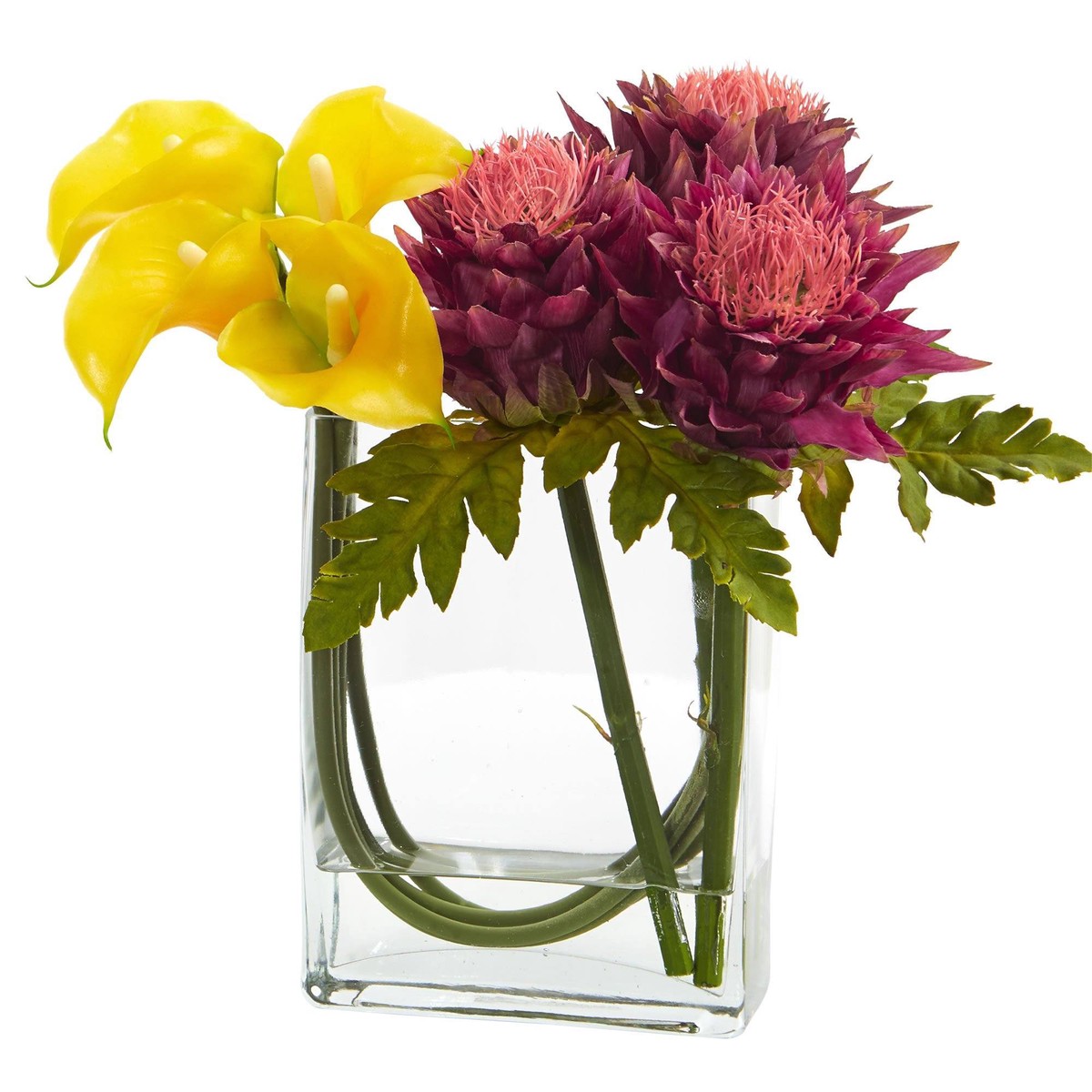12 Calla Lily and Artichoke in Rectangular Glass Vase Artificial Arrangement – Yellow Mauve