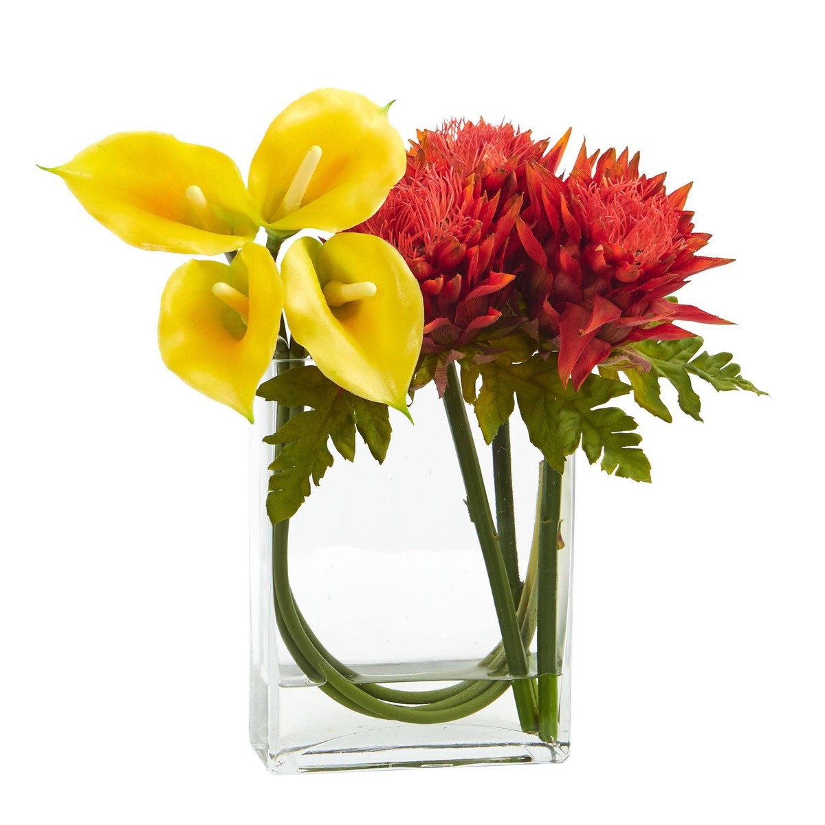 12 Calla Lily and Artichoke in Rectangular Glass Vase Artificial Arrangement – Yellow Orange