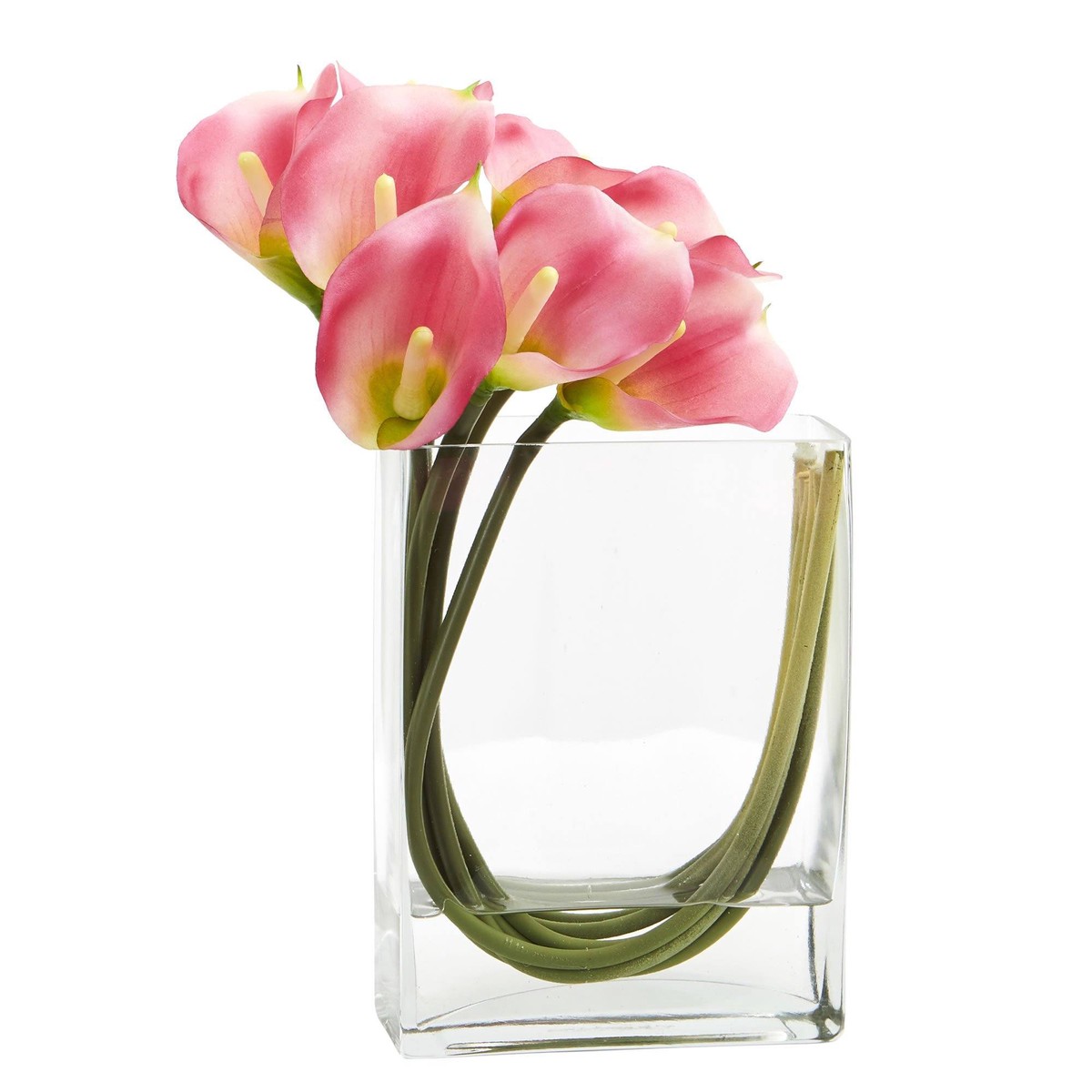 12 Calla Lily in Rectangular Glass Vase Artificial Arrangement – Pink