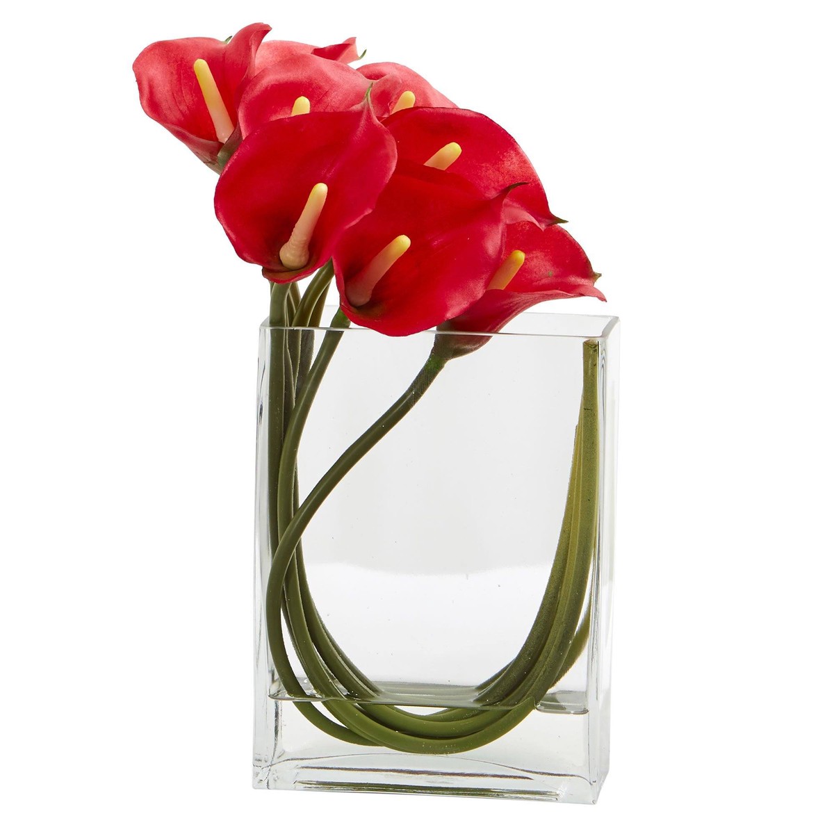 12 Calla Lily in Rectangular Glass Vase Artificial Arrangement – Red