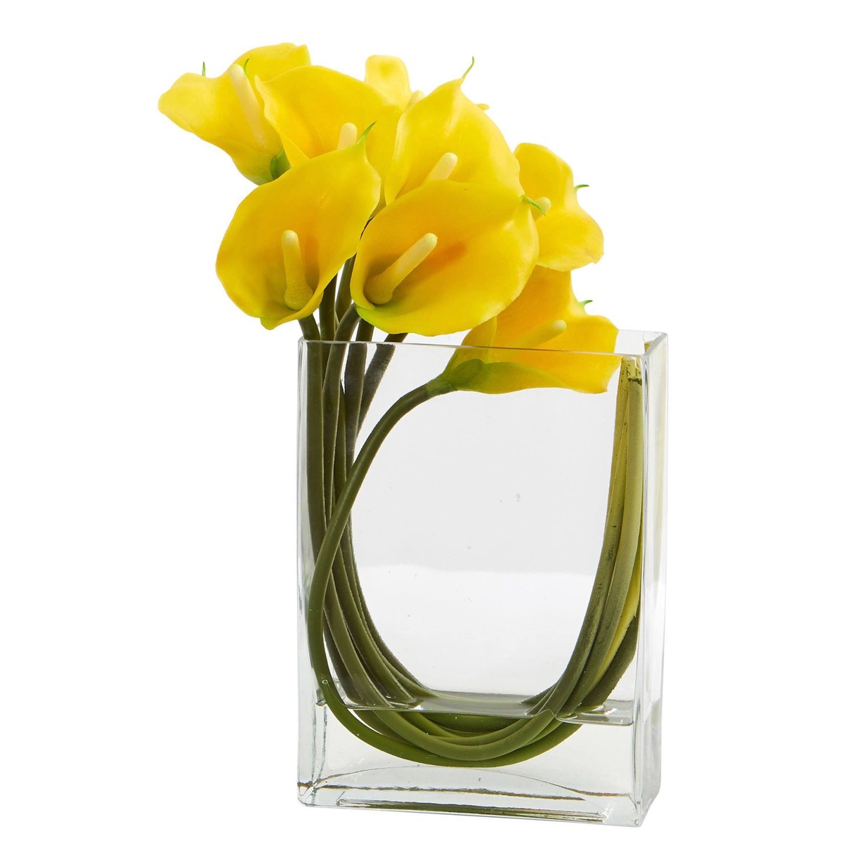 12 Calla Lily in Rectangular Glass Vase Artificial Arrangement – Yellow