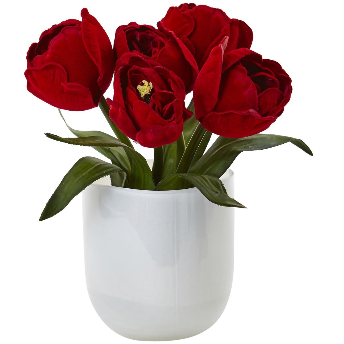 Tulips w/White Glass Vase – Red