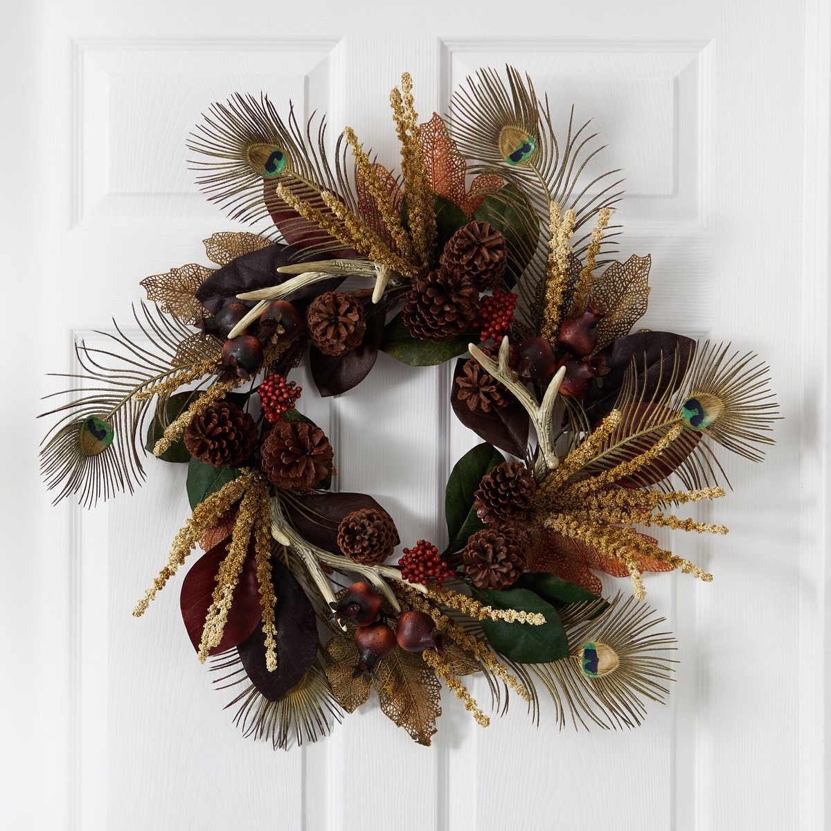 27 Magnolia Leaf, Berry, Antler and Peacock Artificial Wreath