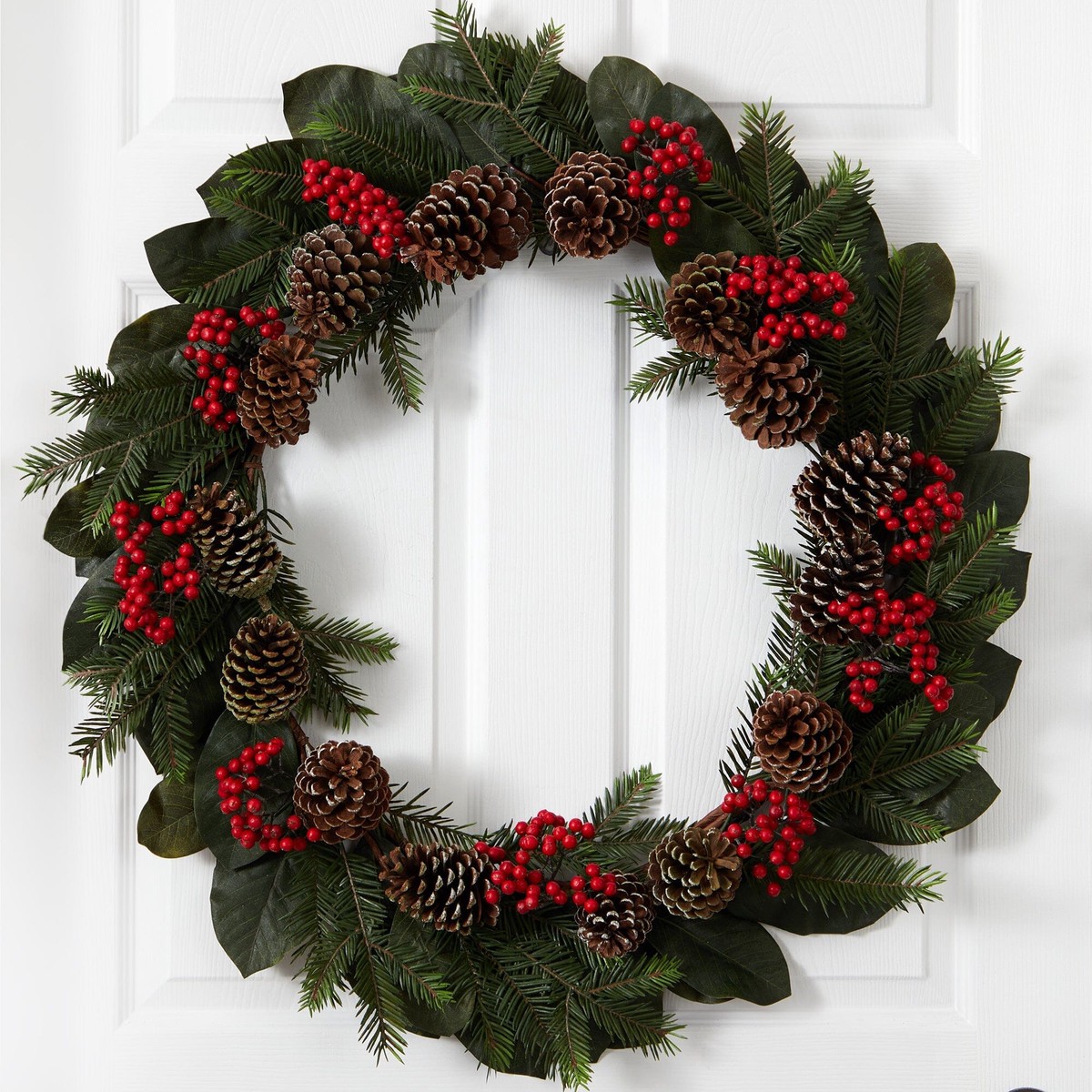 30 Magnolia Leaf, Berry, Pine and Pine Cone Artificial Wreath