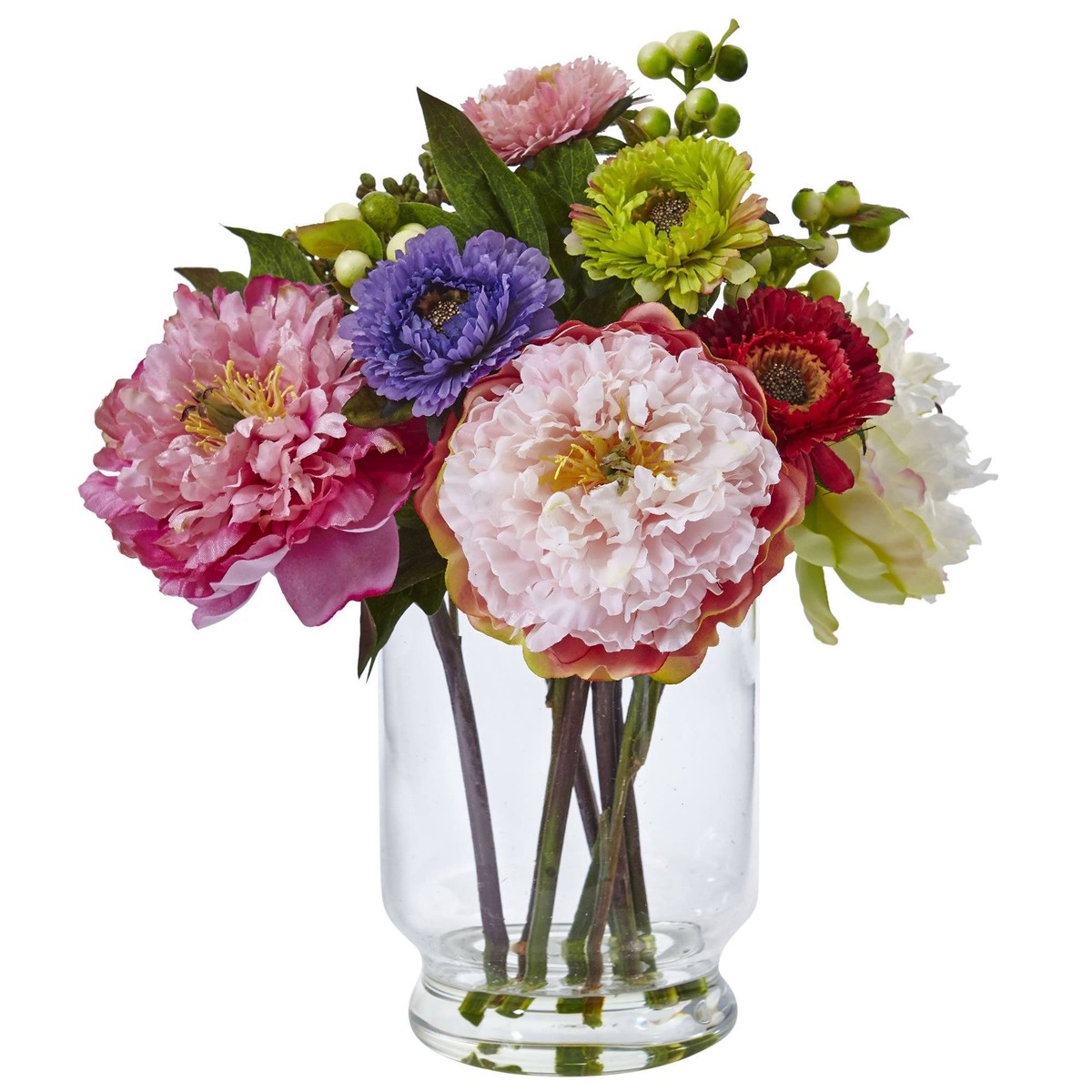 10.5″ Artificial Peony and Mum in Glass Vase”