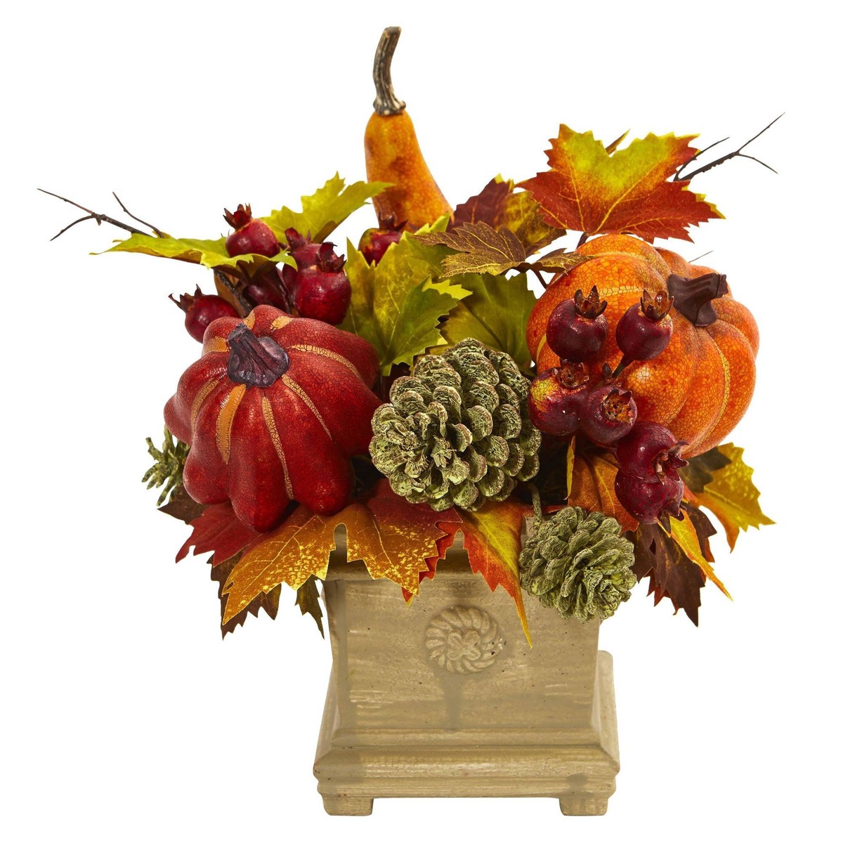 11″ Pumpkin, Gourd, Berry and Maple Leaf Artificial Arrangement”