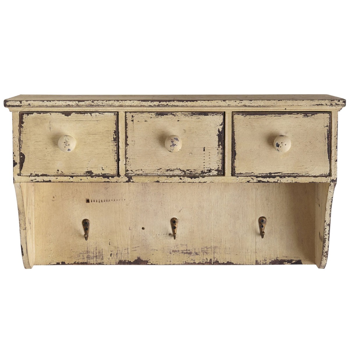 10.5 Distressed Wooden Shelf with Drawers and Hooks