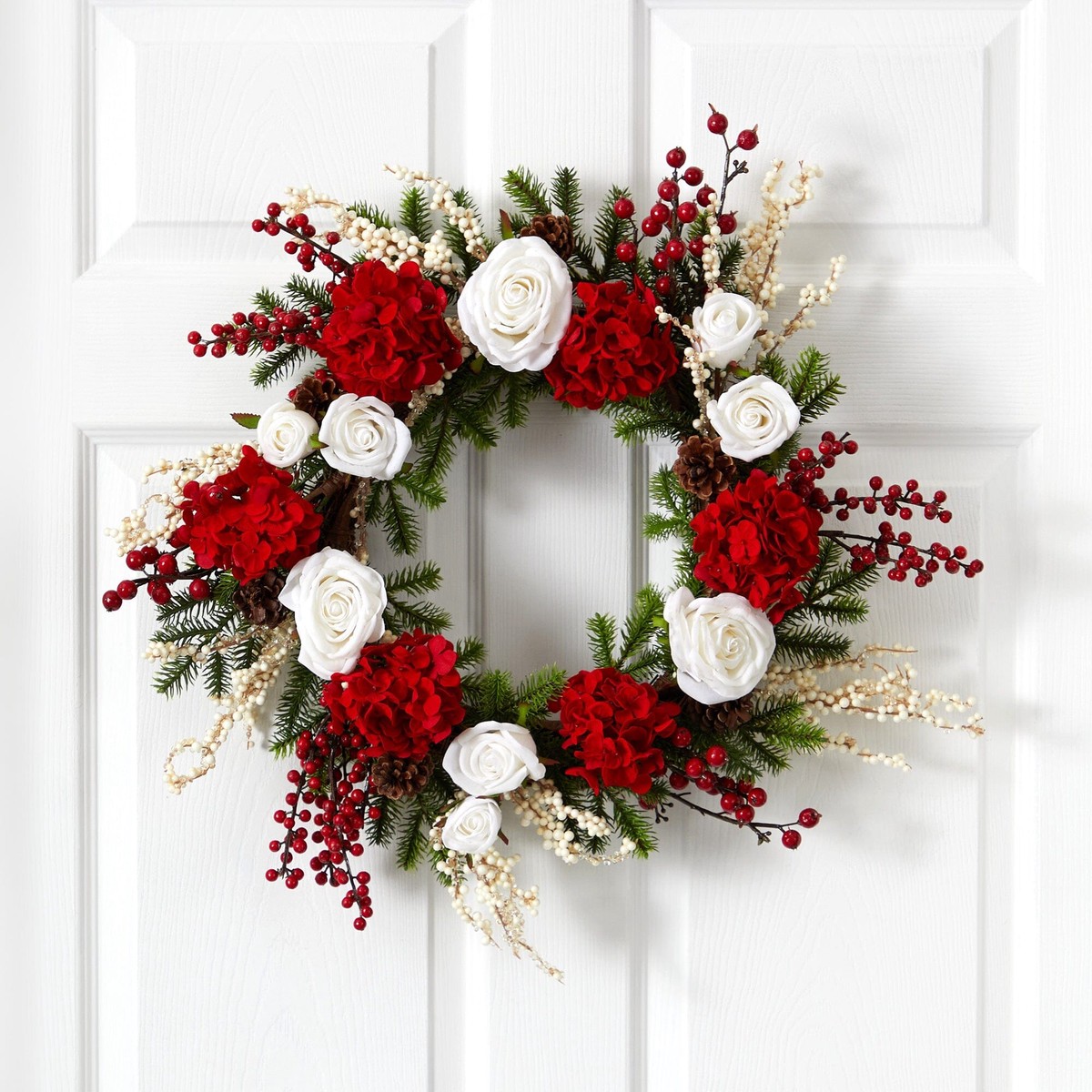 24" Hydrangea w/White Roses Wreath"